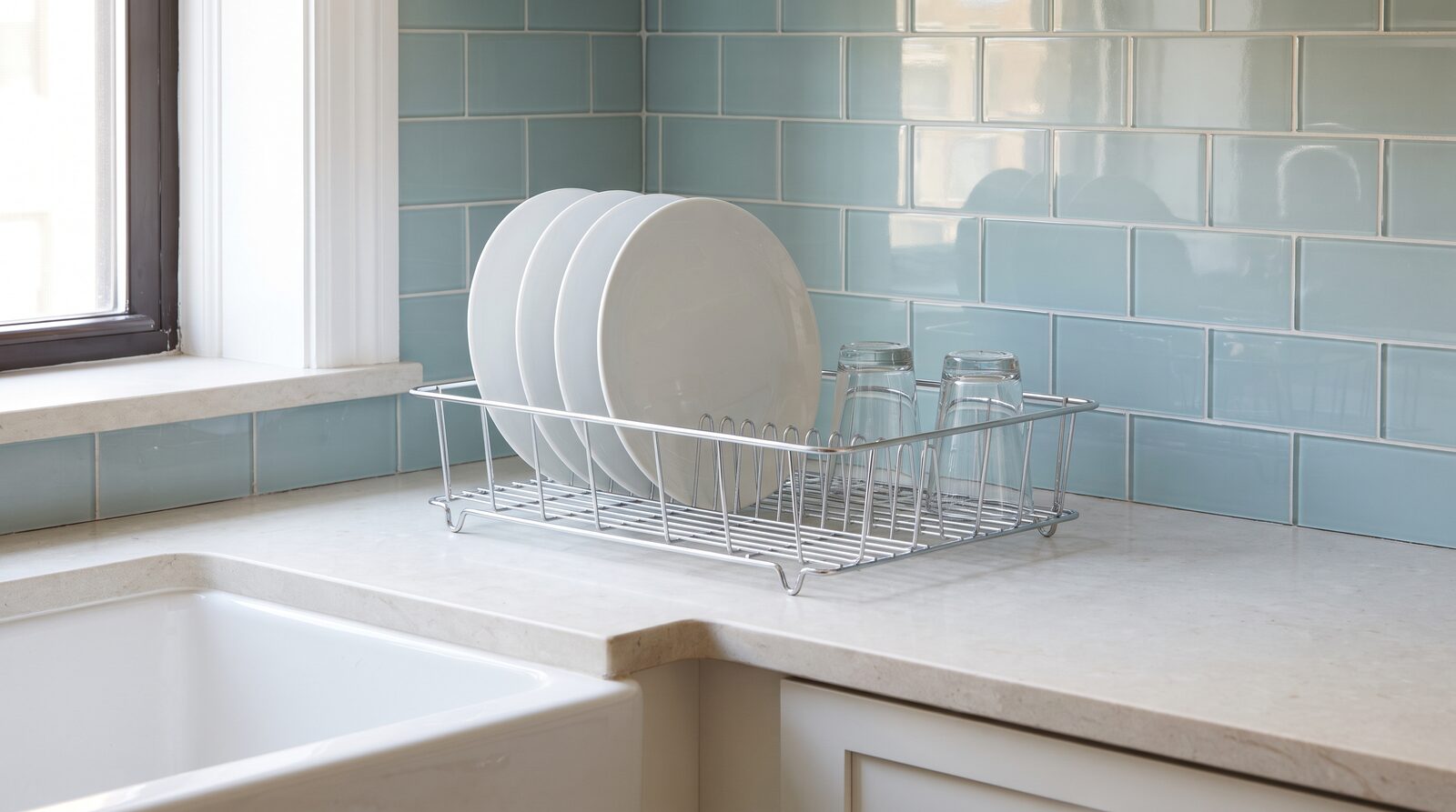 Clean white plates and glasses air-drying in a wire rack on a NYC apartment kitchen counter with a blue-green tile backsplash