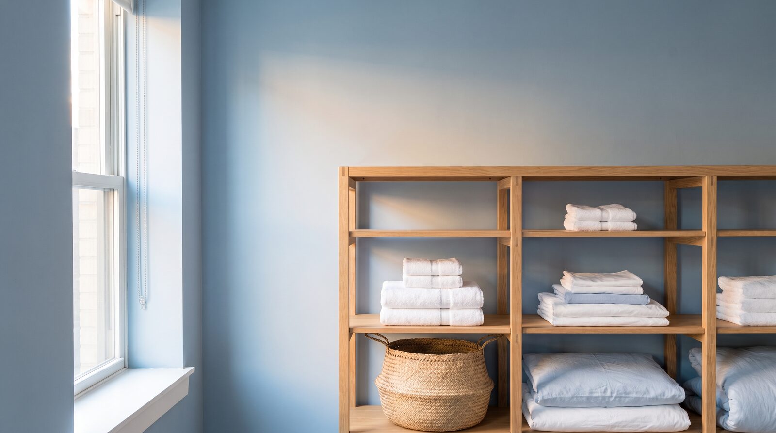 Neatly folded white bath towels and pale blue bed linens stacked on open oak shelving against a dusty blue wall in a NYC apartment