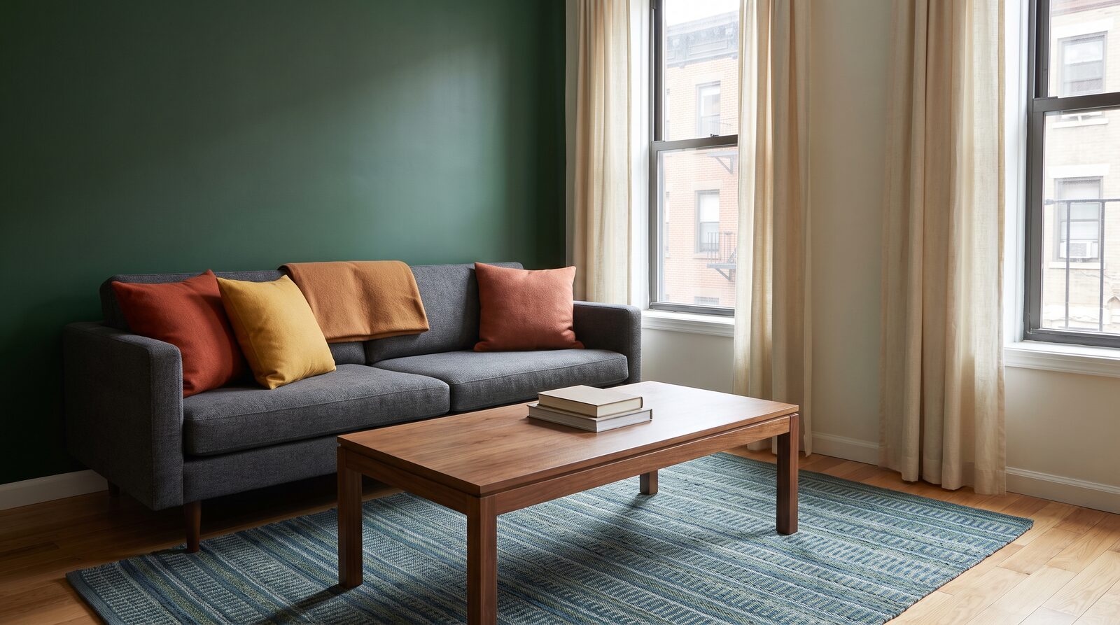 A compact NYC apartment living room fully reset the morning after a dinner party, with a cleared coffee table and straightened sofa cushions