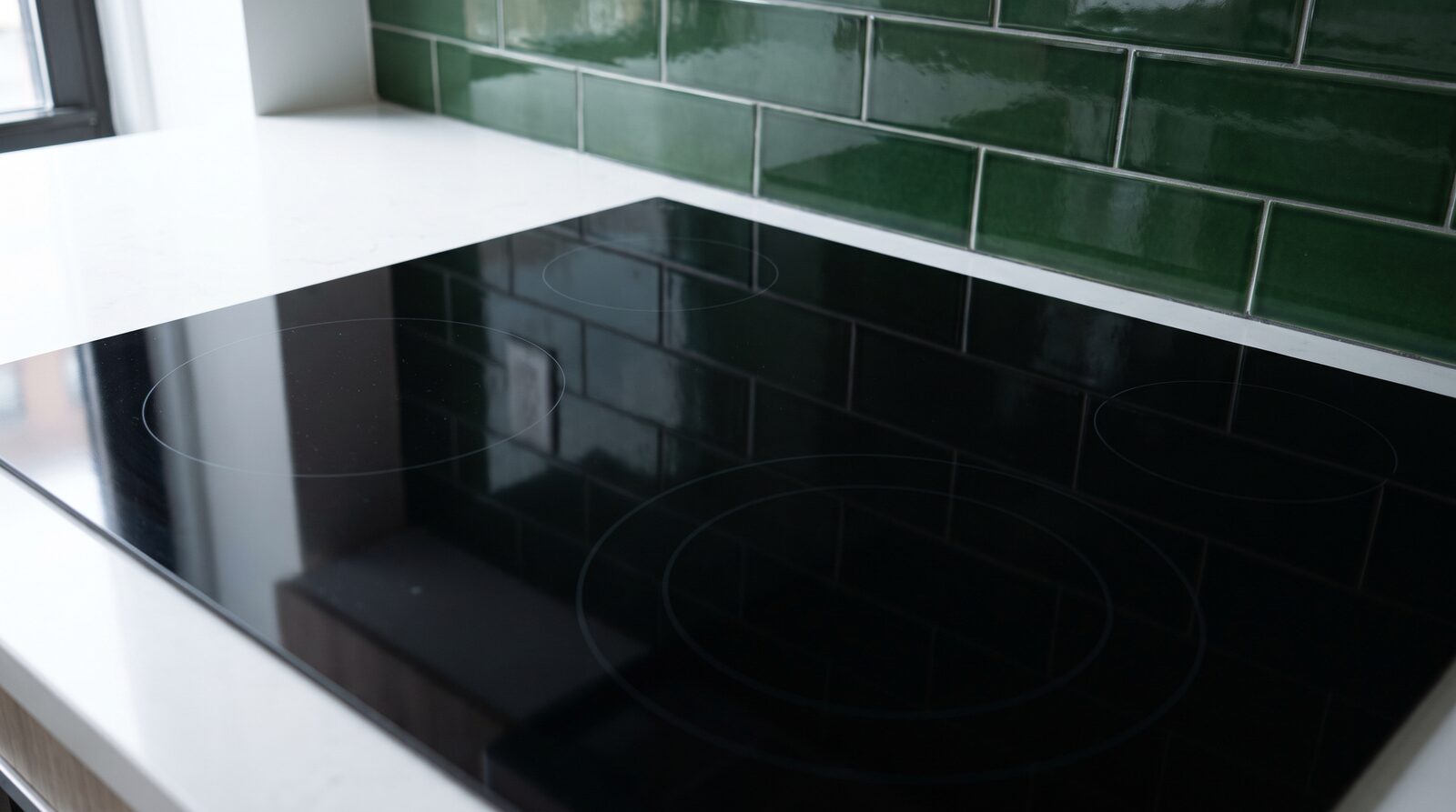 A degreased apartment cooktop wiped streak-free against a deep green tile backsplash, with the clear white countertop beside it catching soft window light