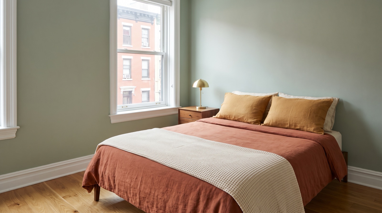 Compact NYC bedroom with sage-green walls, the bed made in rust linen, and the floor clear after a standard cleaning