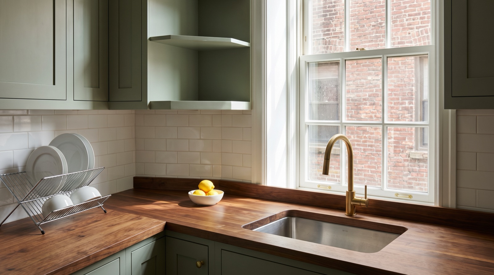 Small NYC kitchen with sage-green cabinets, a wiped-down walnut counter, clean sink, and dishes stacked in the drying rack
