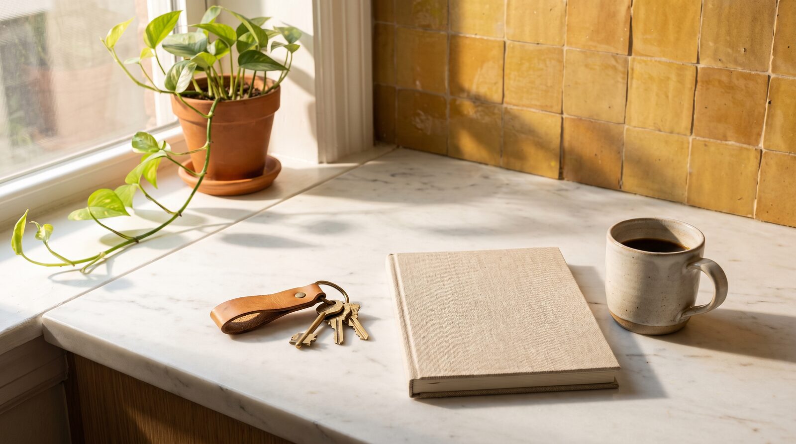 A set of apartment keys, a closed notebook and a cup of coffee on a sunlit marble kitchen counter against warm ochre tile