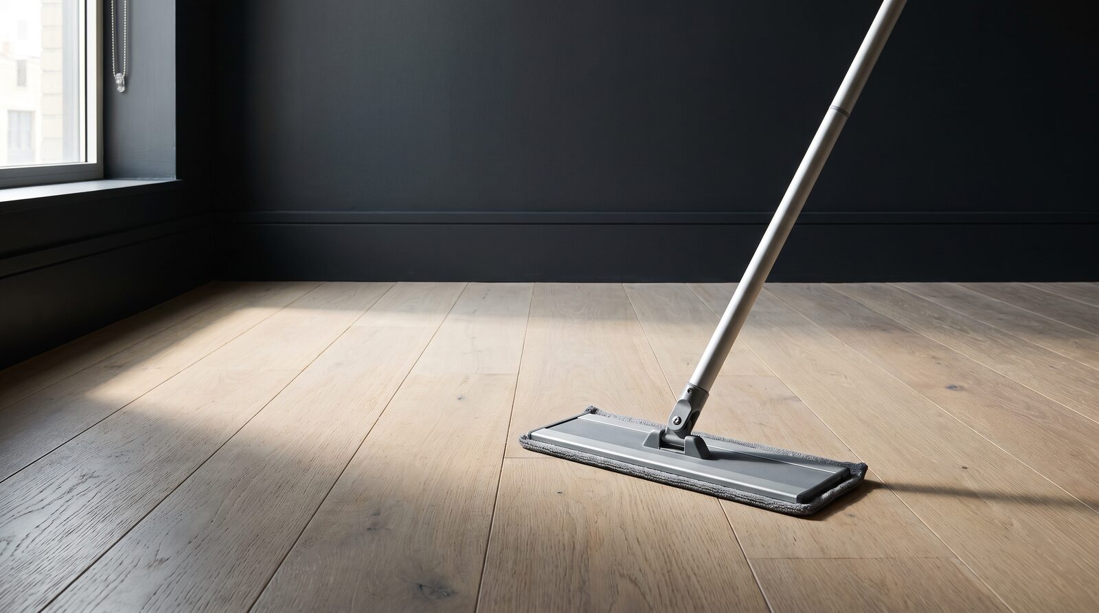 Flat microfiber mop resting on pale engineered oak floorboards beside a deep charcoal wall, low morning sunlight raking across the wide planks