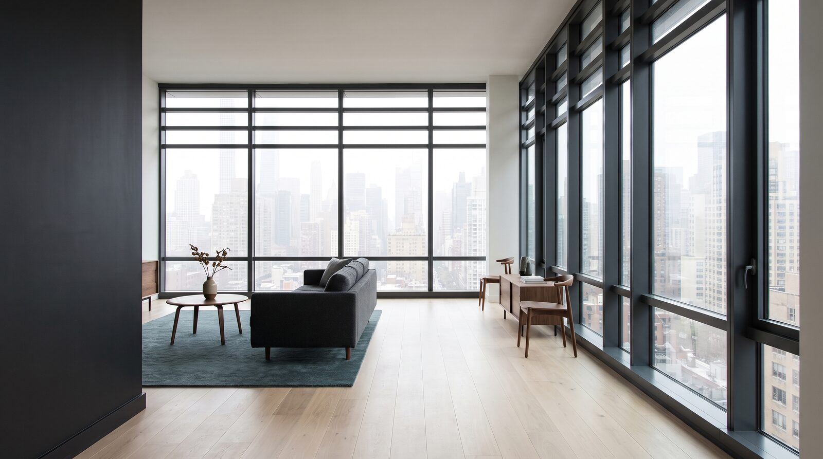 Living room of a new NYC condominium with wide plank pale engineered oak flooring, a deep charcoal feature wall, teal wool rug and floor-to-ceiling windows over the city skyline