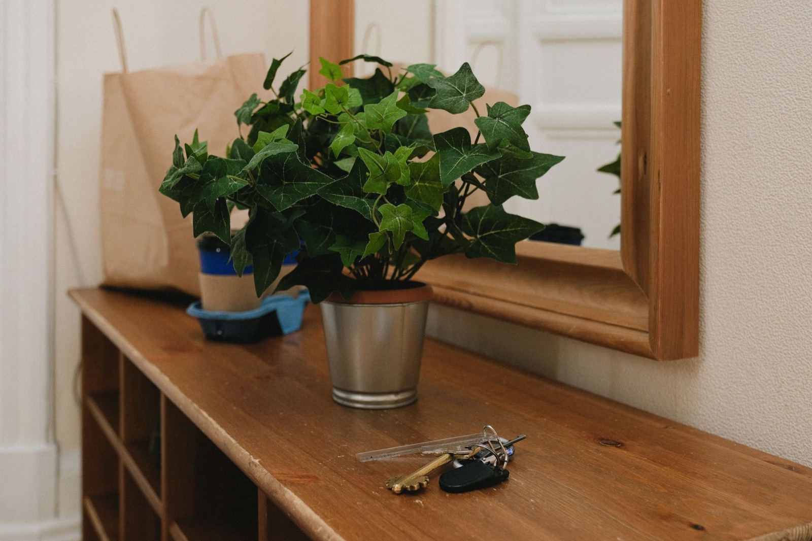 A set of house keys left on a wooden entry console beside a potted plant and a mirror in an apartment hallway