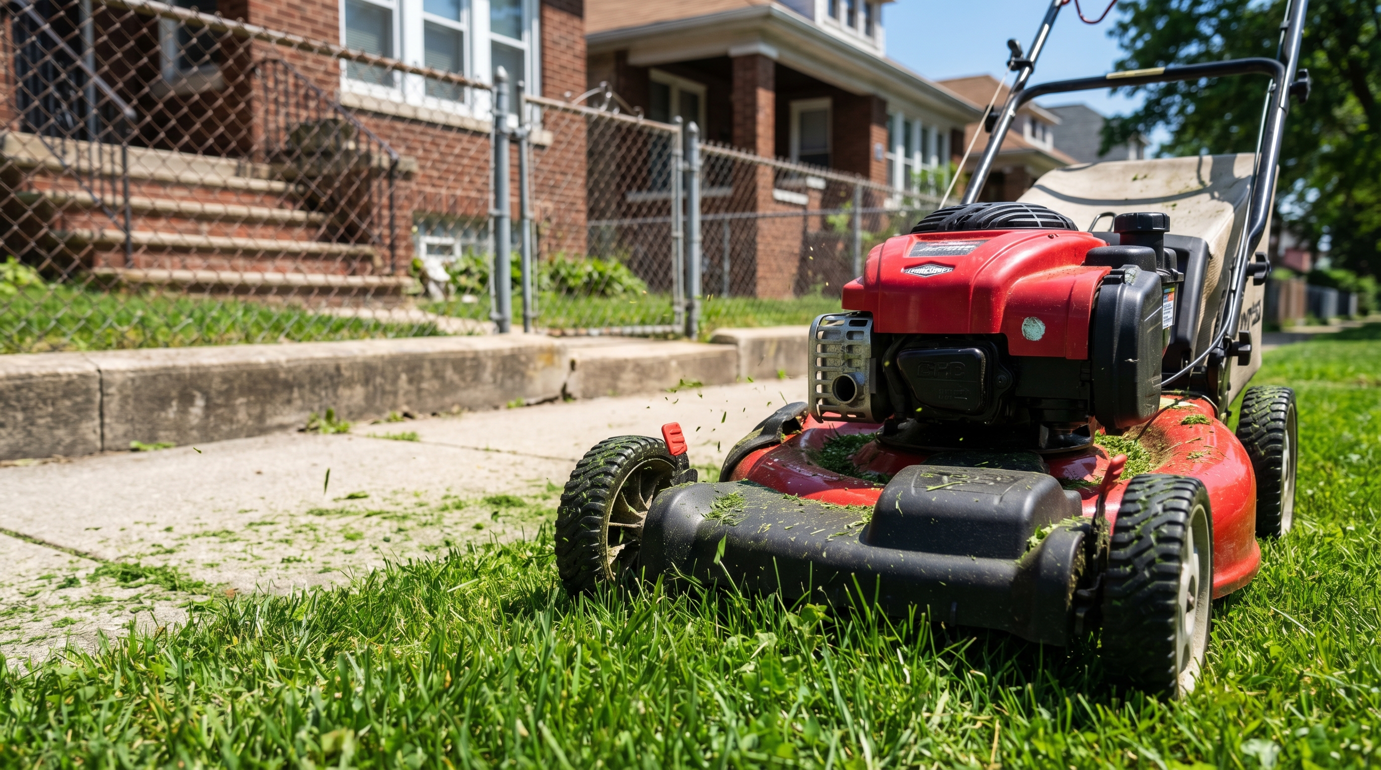 A lawn mower cutting grass on a sunny day