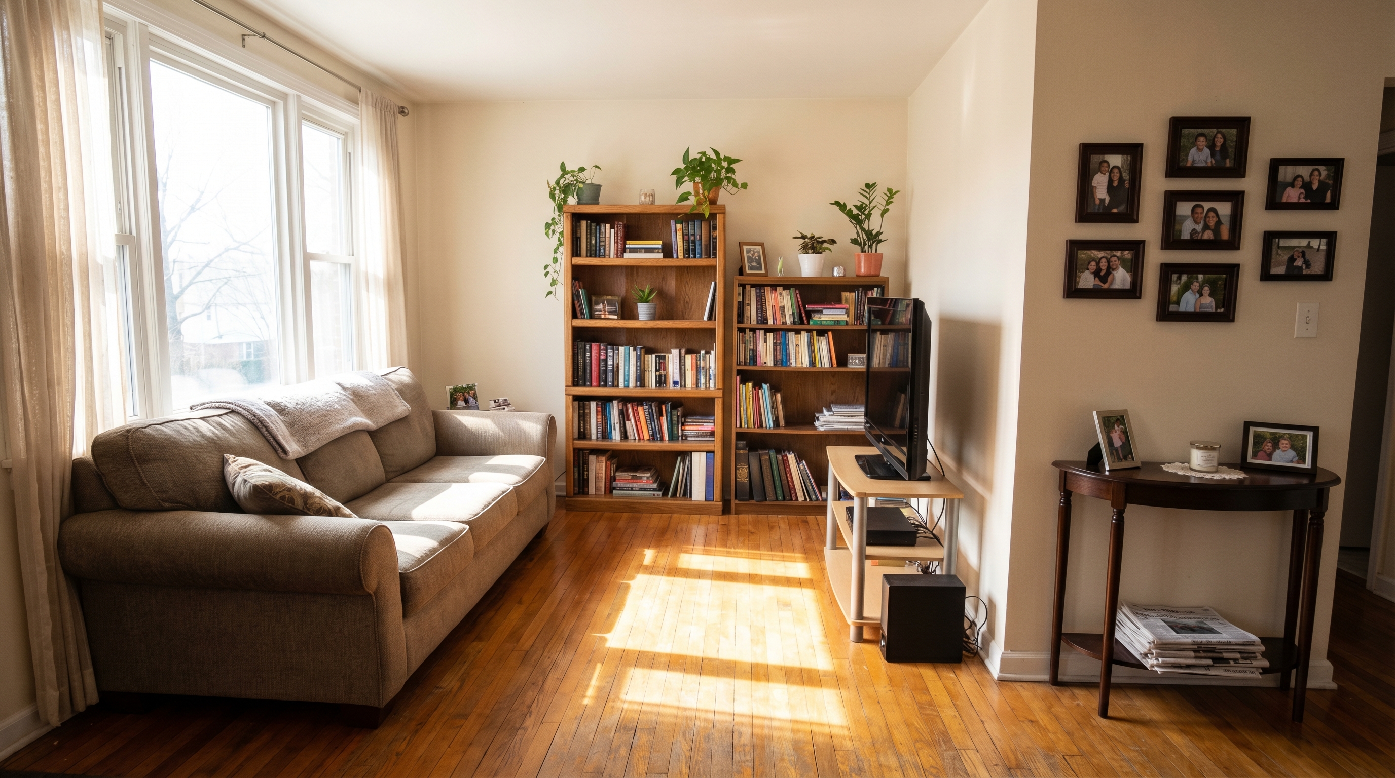 A bright, clean apartment living room with minimalist decor