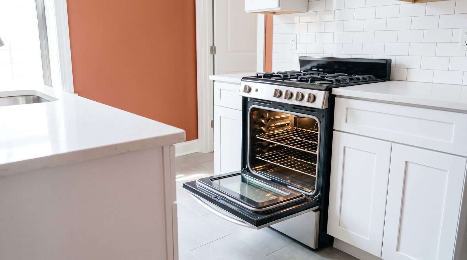Empty NYC apartment kitchen ready for the final walkthrough, with the oven door open showing a clean degreased interior and bare wiped countertops