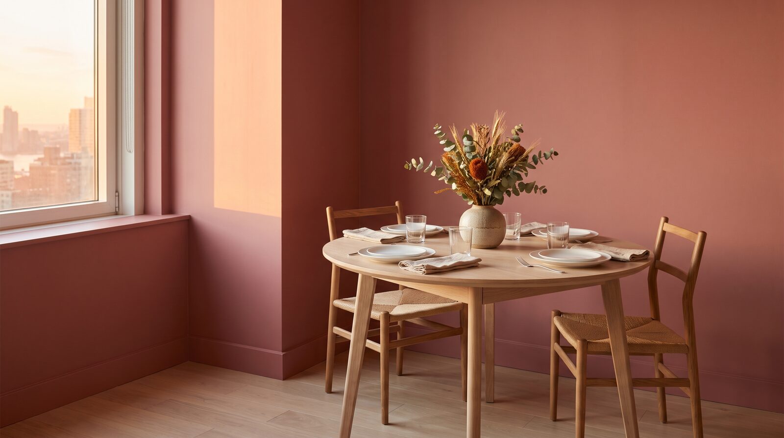 A round dining table set for four guests in a dusty-rose NYC apartment dining nook, evening light and the city skyline coming through the window