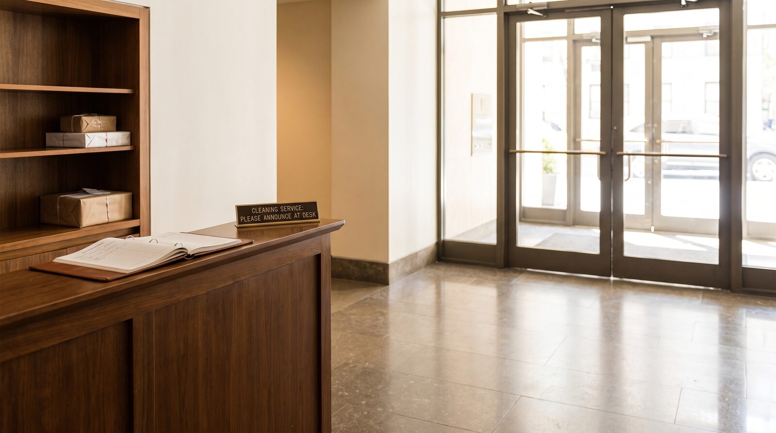 The empty front desk of a NYC doorman building lobby with a guest logbook, where a cleaner would be announced and let up