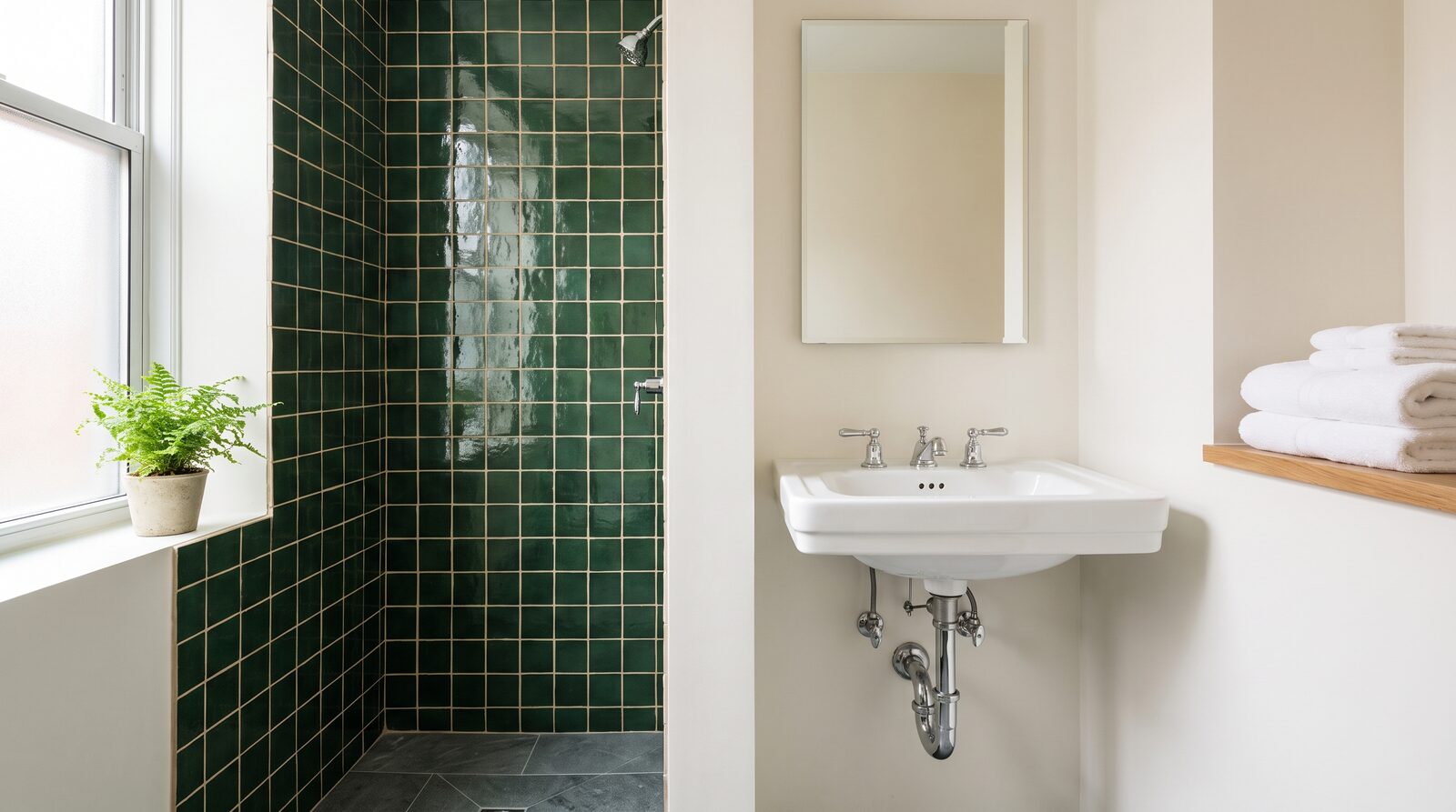 A small NYC apartment bathroom after a focused two-hour cleaning, with scrubbed deep green tile, a spotless sink, polished chrome, and a streak-free mirror