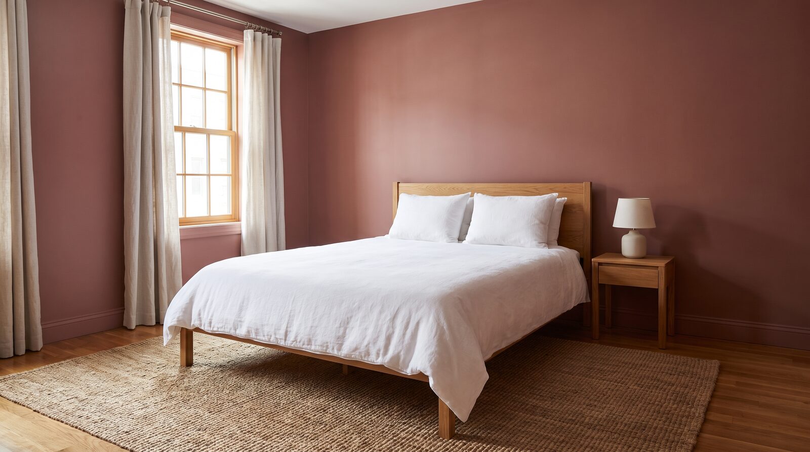 A bed in a small NYC apartment bedroom with a dusty rose wall, made with crisp lines after a recurring cleaning visit, white linen duvet smoothed and pillows squared