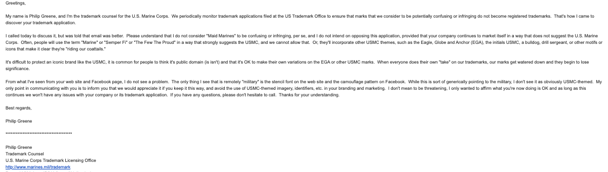 Email from the U.S. Marine Corps trademark counsel approving the Maid Marines name
