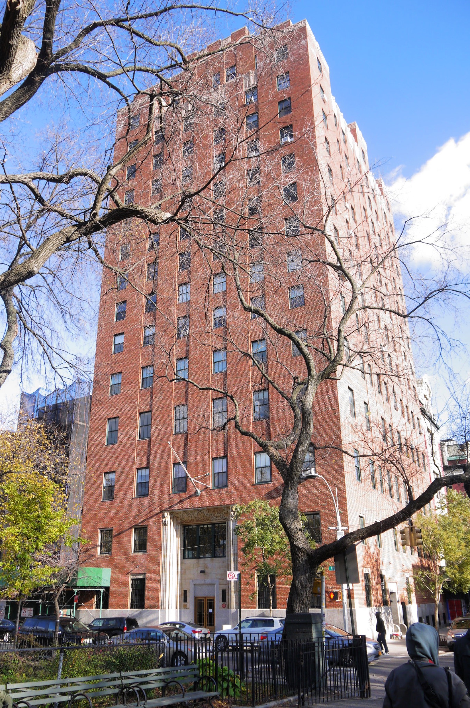 The Christodora House at 147 Avenue B, a 16-story Renaissance Revival tower built in 1928 as an immigrant settlement house, now luxury condominiums rising above the Alphabet City tenement roofline