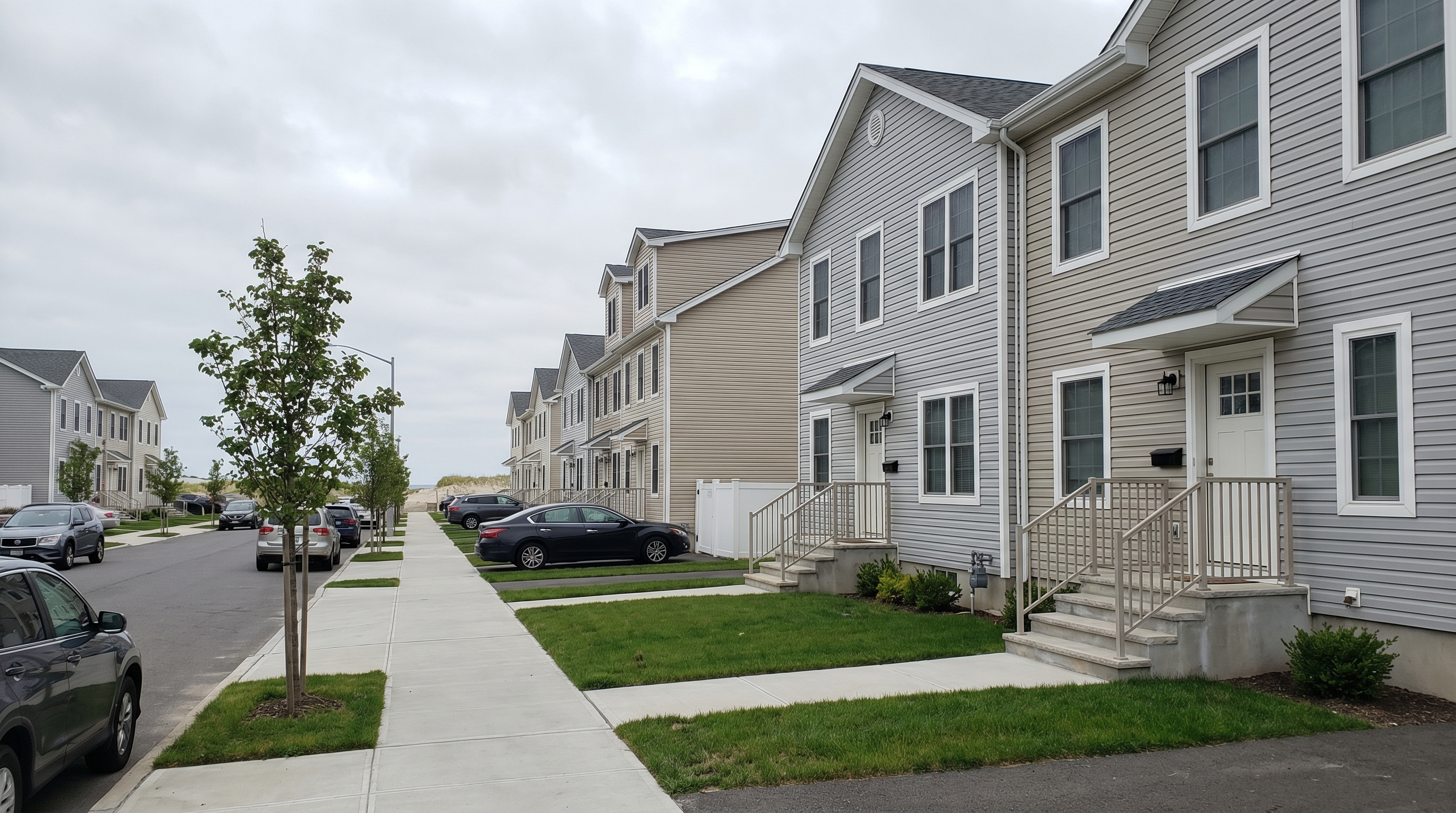 Row of two-story and three-story townhouses in Arverne by the Sea development, Rockaway Peninsula Queens, with small front stoops, vinyl siding, and a glimpse of ocean dunes at the end of the street