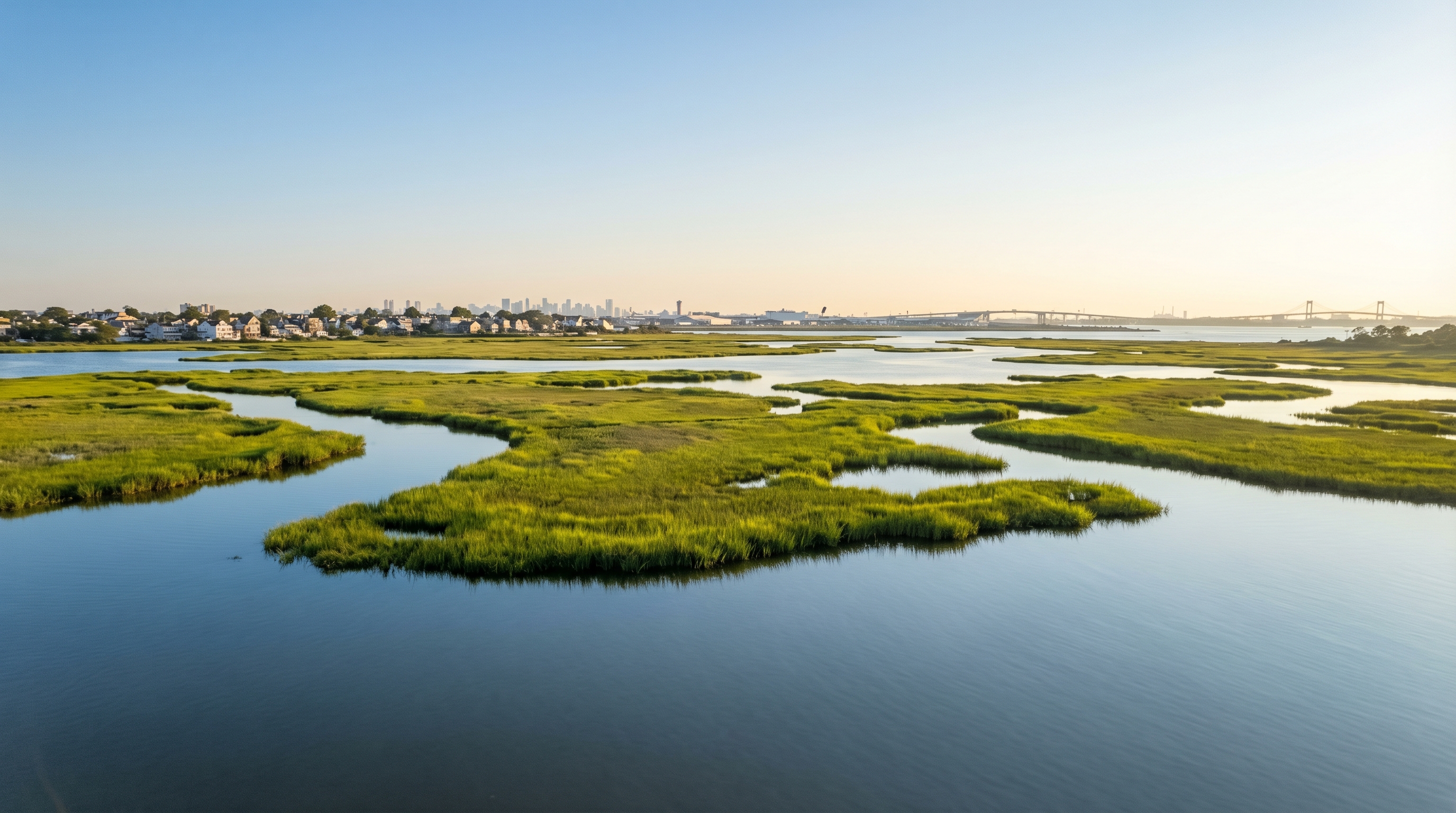 Salt marsh wetlands and open Jamaica Bay water viewed from the Rockaway Peninsula in Arverne Queens, with a distant bridge and Queens skyline visible at sunrise