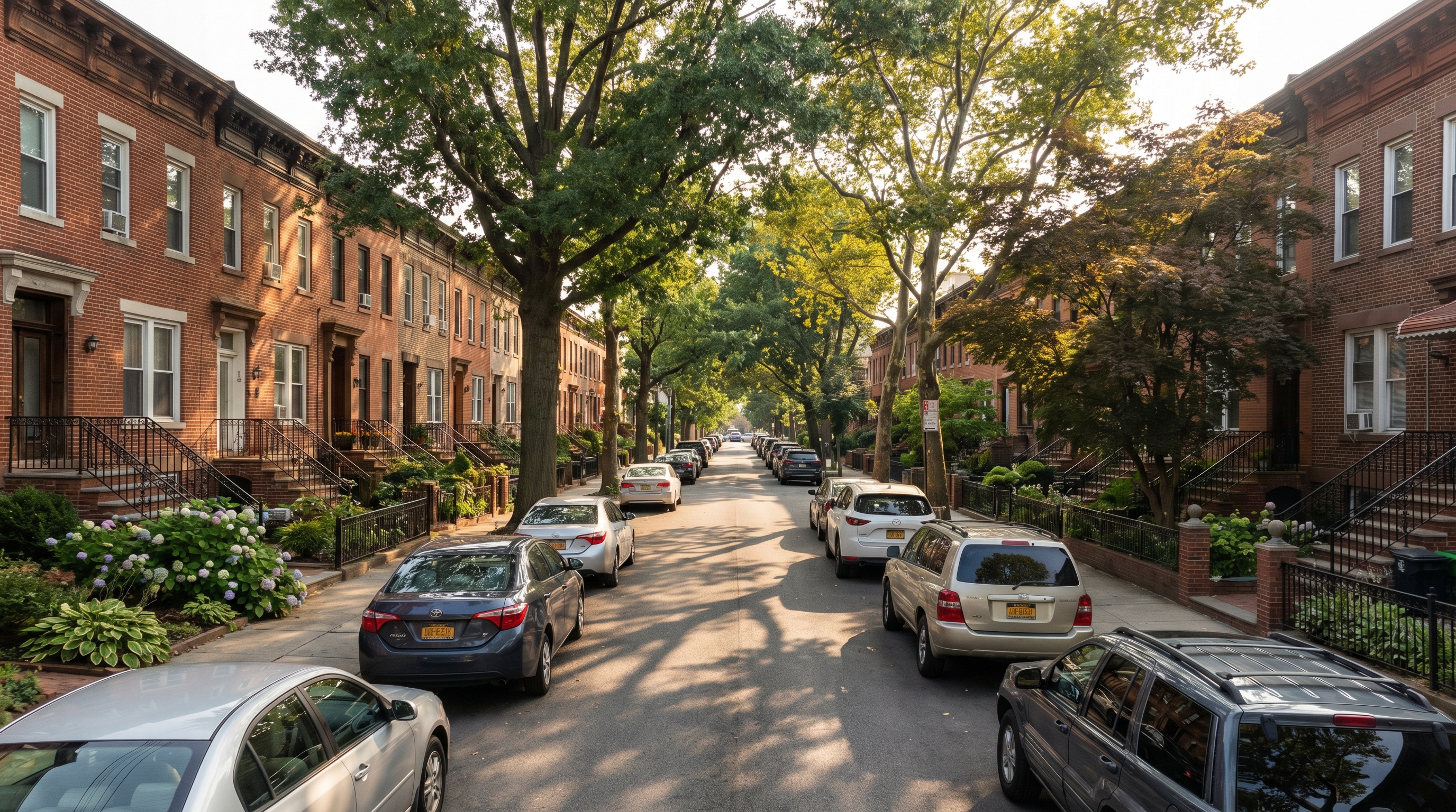 Tree-lined residential street in Astoria Heights Queens showing attached brick rowhouses with stoops and front gardens