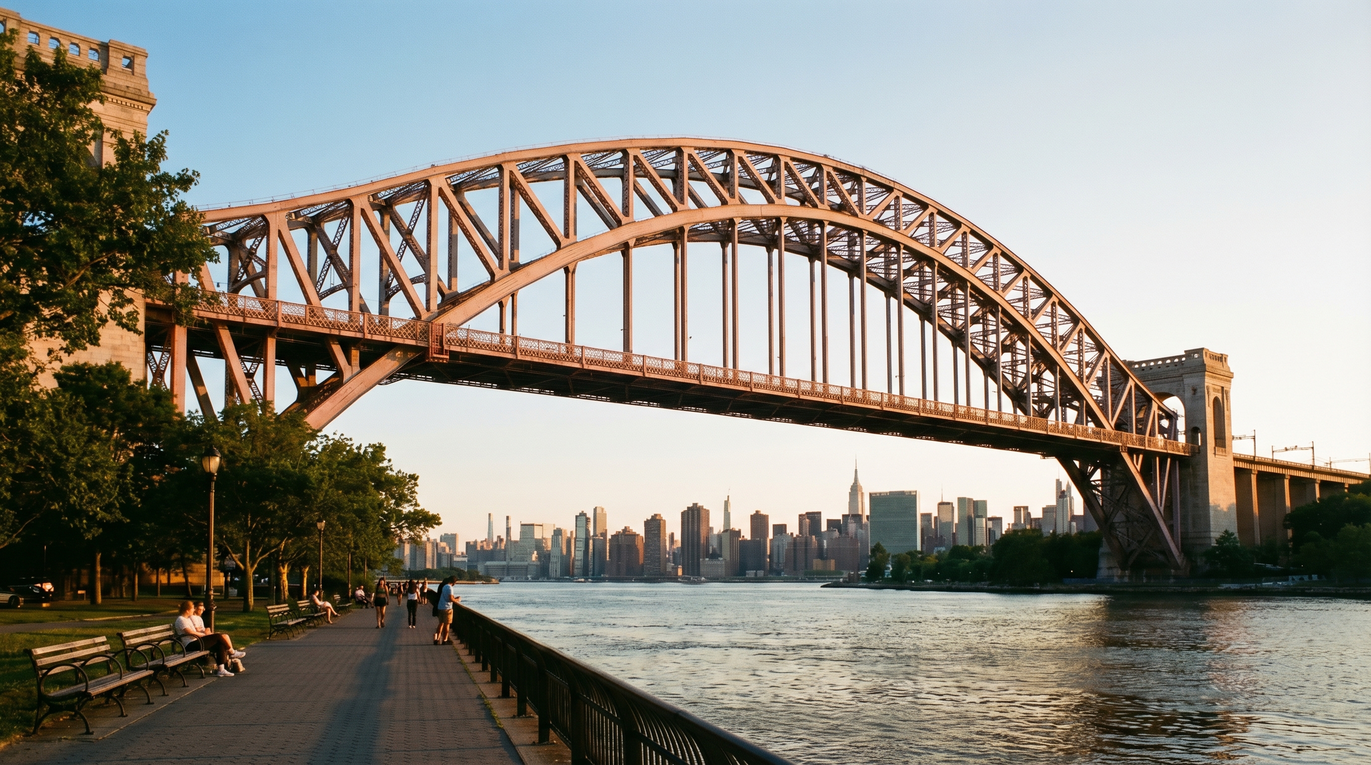 The Hell Gate Bridge arching over Shore Boulevard waterfront promenade in Astoria Heights Queens at sunset with the Manhattan skyline