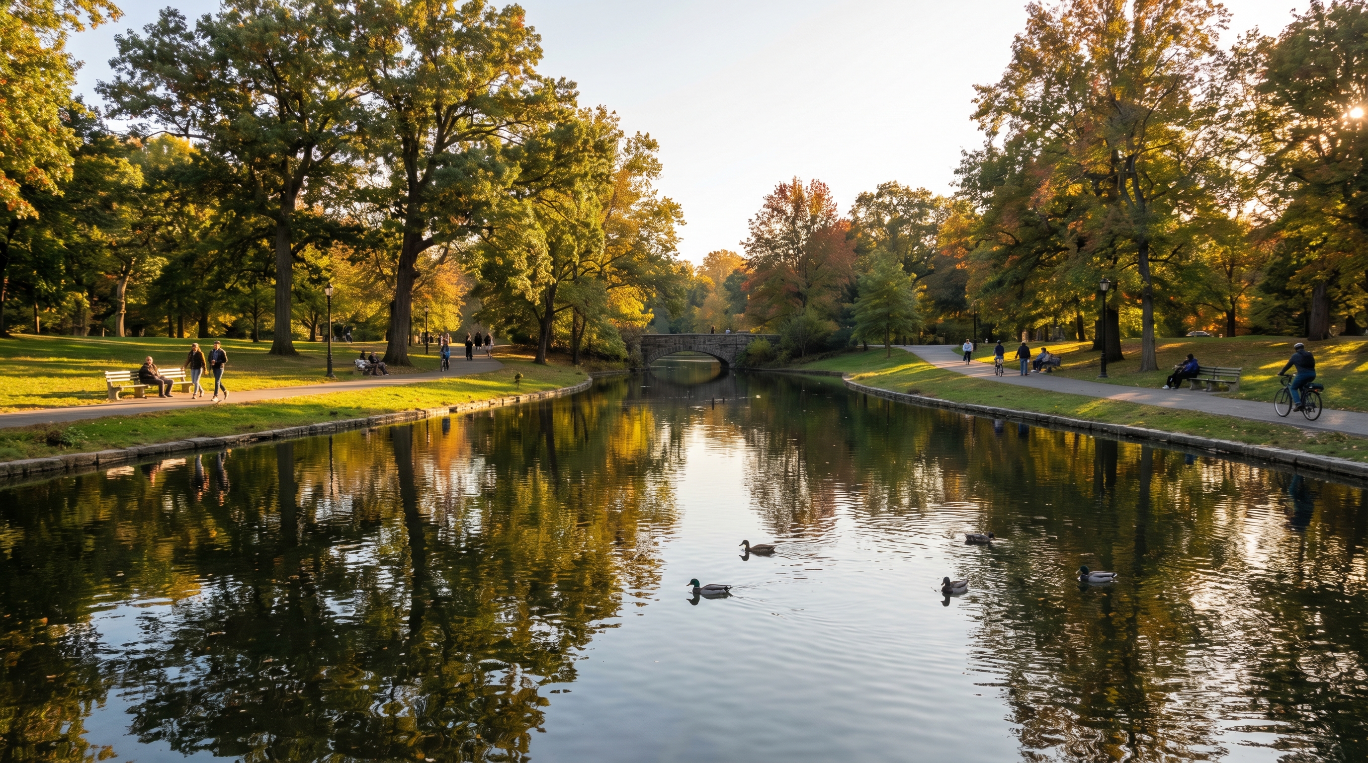 Autumn view of Kissena Park lake in Queens with mature trees reflecting on the calm water, ducks swimming, and walking paths along the shore