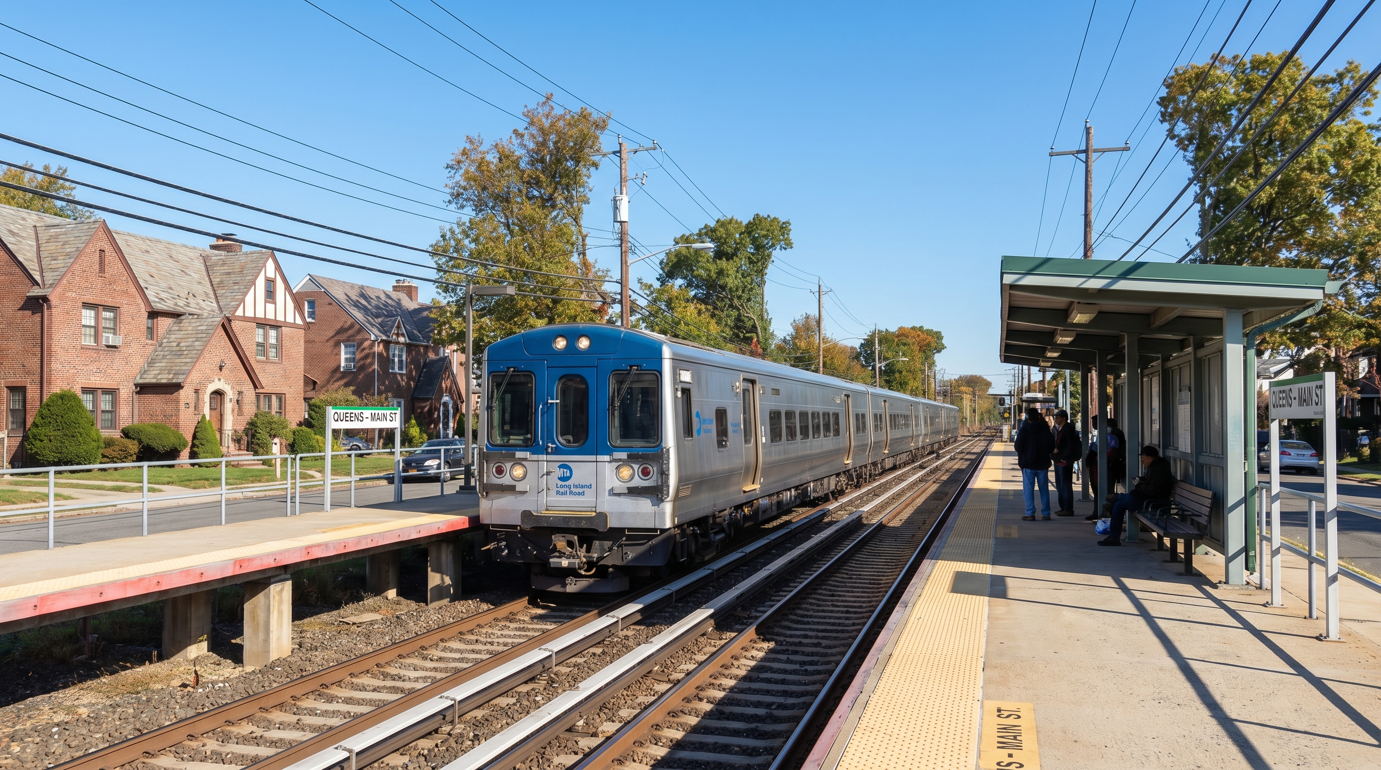 Long Island Rail Road train arriving at a suburban Queens station platform with Tudor and Colonial brick homes visible in the background and commuters waiting