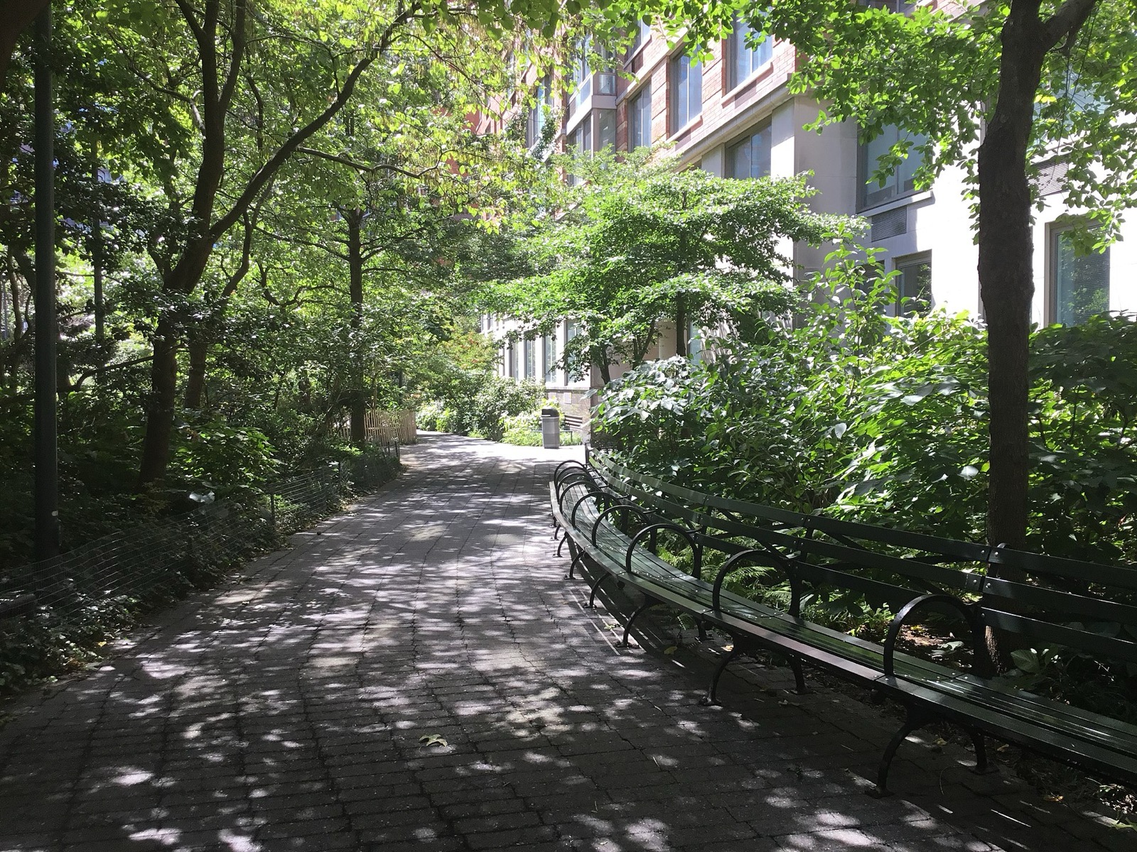 Teardrop Park in Battery Park City, with its naturalistic boulders and greenery set between the surrounding residential high-rise towers