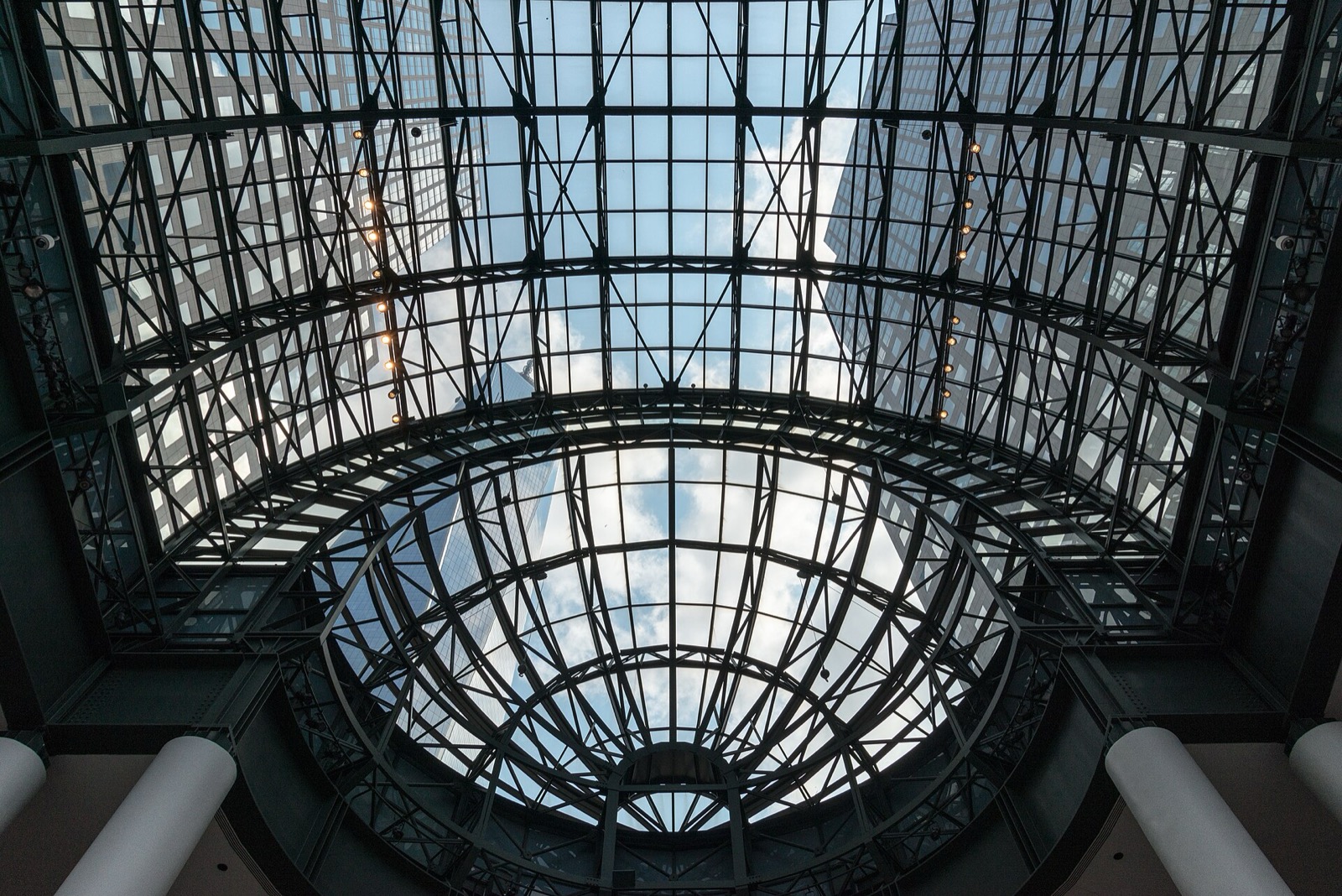 The Winter Garden atrium at Brookfield Place, with its soaring glass barrel-vault ceiling and towering Washington palm trees rising above marble floors