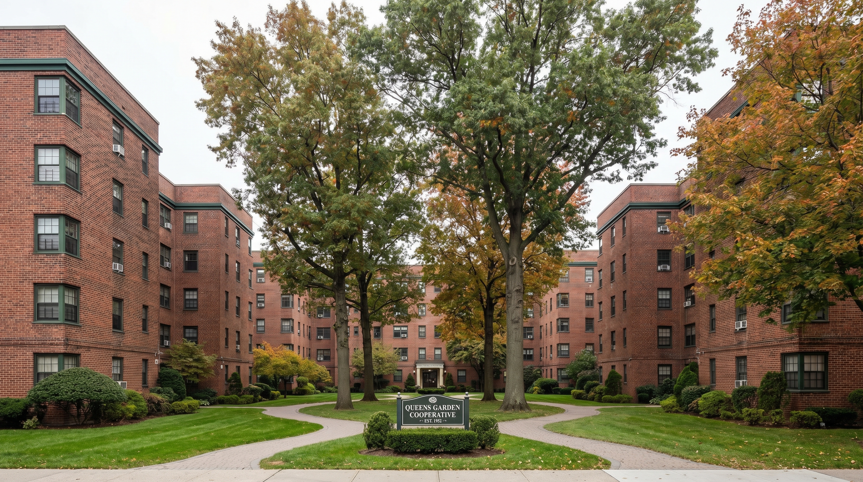 Bay Terrace-style Cord Meyer garden apartment cooperative buildings in Queens, six-story red brick structures arranged in a U-shaped courtyard with mature trees and landscaped lawns, pedestrian pathways, no through traffic