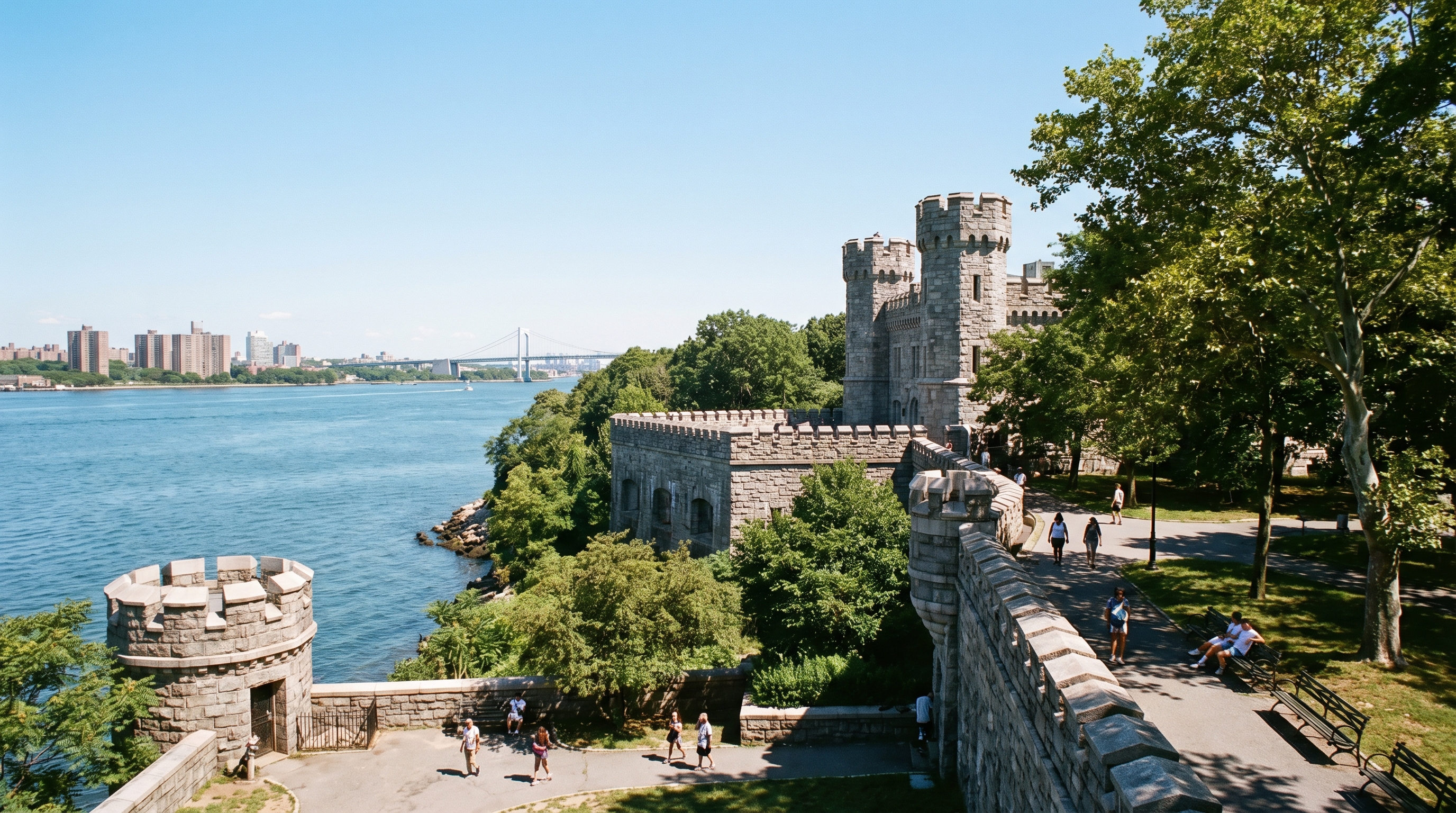 Fort Totten park in Bay Terrace Queens, Gothic Revival stone Castle with crenellated towers on a wooded promontory overlooking the East River, visitors on park paths, Bronx skyline and bridge visible across the water