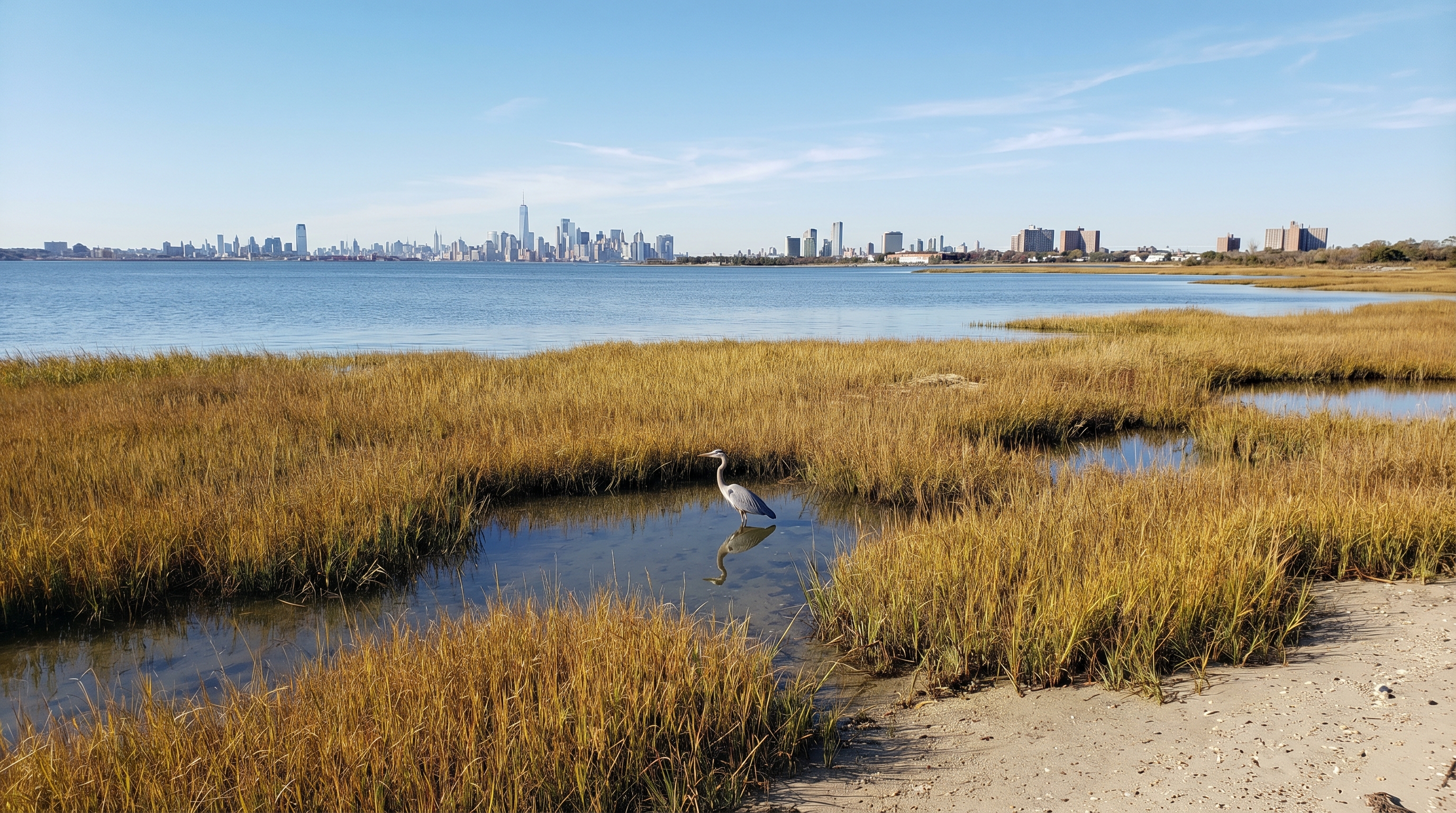 Great blue heron wading in Jamaica Bay salt marsh wetlands with Manhattan skyline visible across the bay