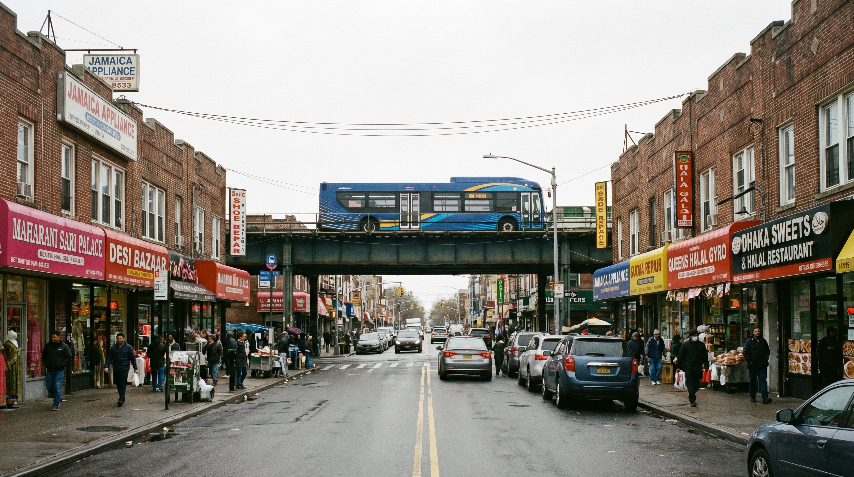 Jamaica Avenue in eastern Queens showing a lively South Asian commercial corridor with sari shops, halal restaurants, and brick storefronts under the transit overpass