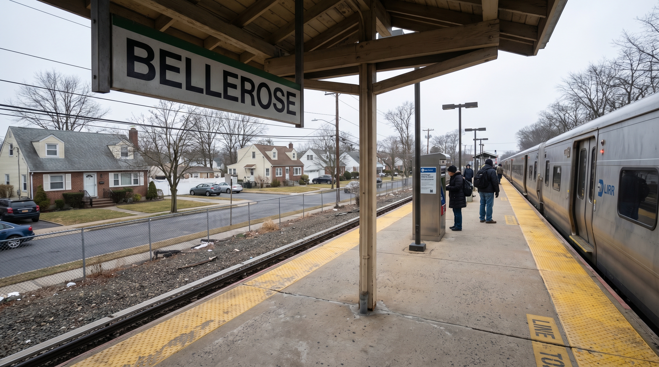 The Bellerose Long Island Rail Road station platform with a silver LIRR commuter train arriving on a winter morning, suburban homes visible in the background
