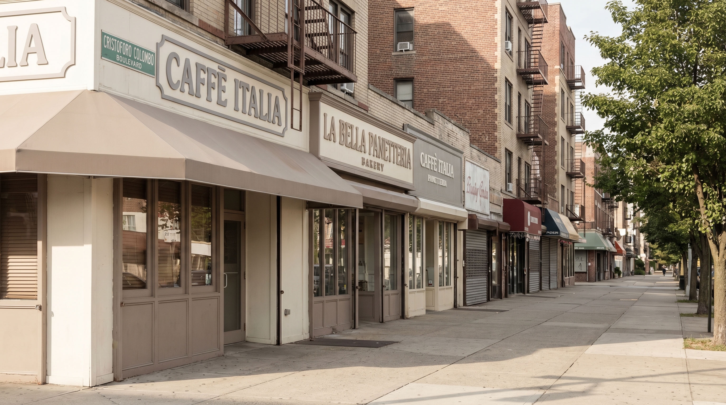 View along 18th Avenue in Bensonhurst showing the commercial strip of neighborhood shops and residential buildings lining Cristoforo Colombo Boulevard