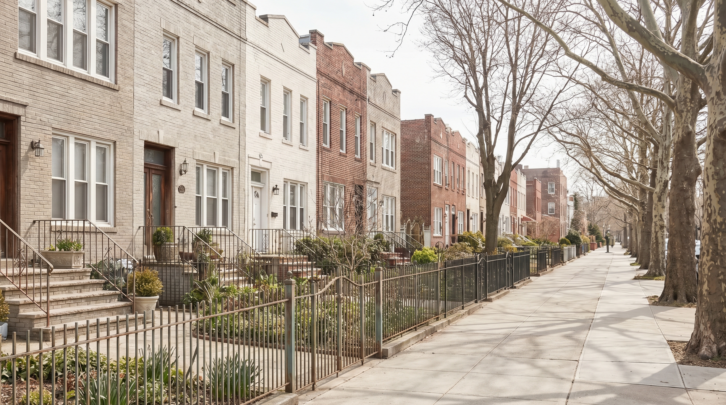 Rows of attached two-family brick homes with stoops and small front gardens on a residential street in Bensonhurst, showing the dense prewar architecture typical of southern Brooklyn