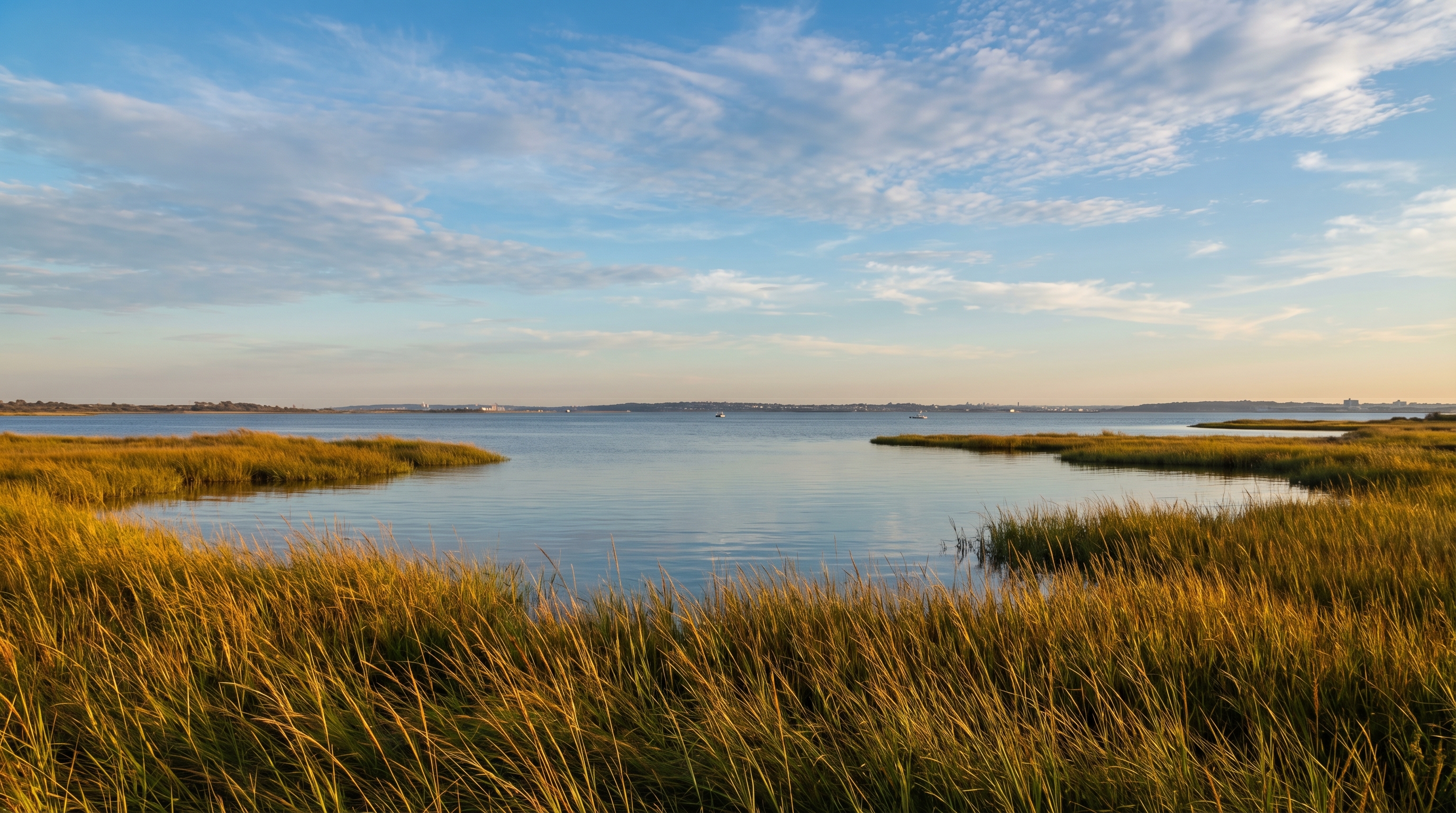 Jamaica Bay wetlands and open water within Gateway National Recreation Area adjacent to Bergen Beach, tall marsh grasses in the foreground and calm bay stretching to the horizon