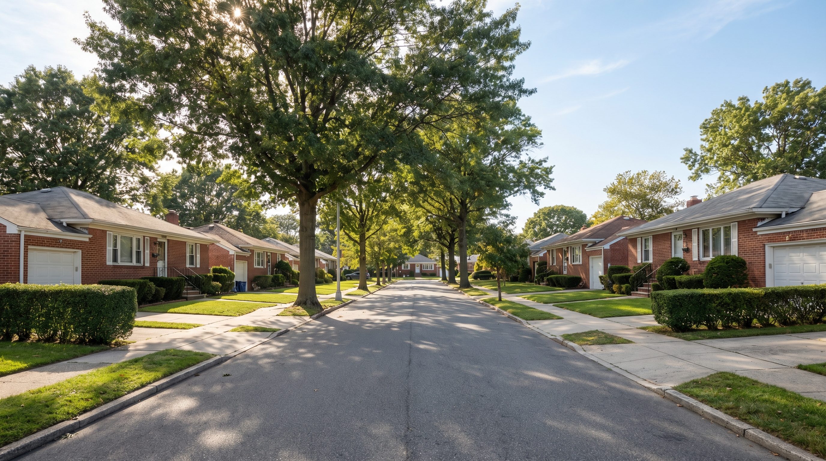 Quiet residential street in Bergen Beach, Brooklyn lined with single-story brick ranch homes, concrete driveways, small front lawns, and mature shade trees