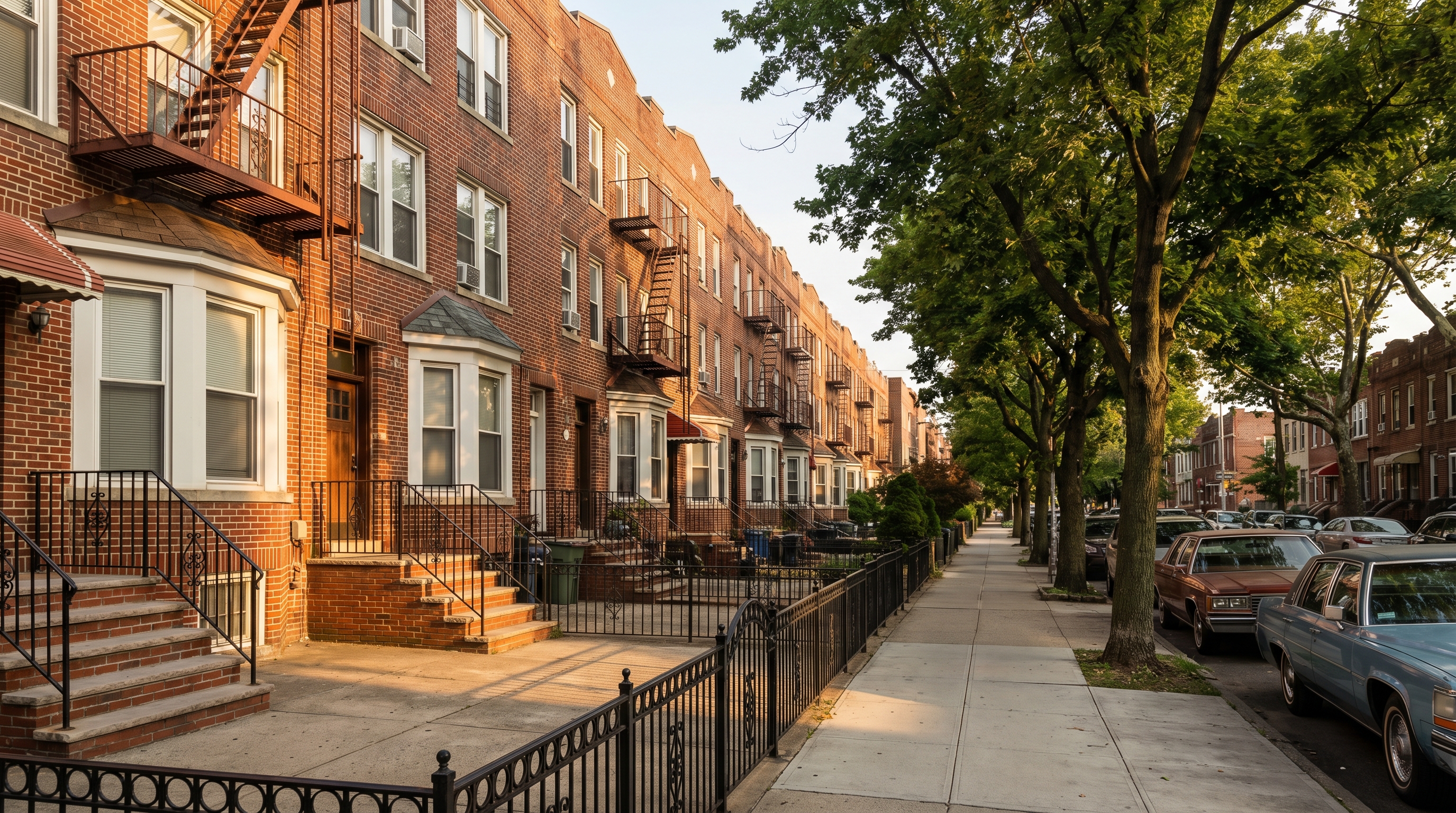 Brick rowhouses on a typical Borough Park residential block showing red brick facades, front stoops, and bay windows from the 1920s and 1930s