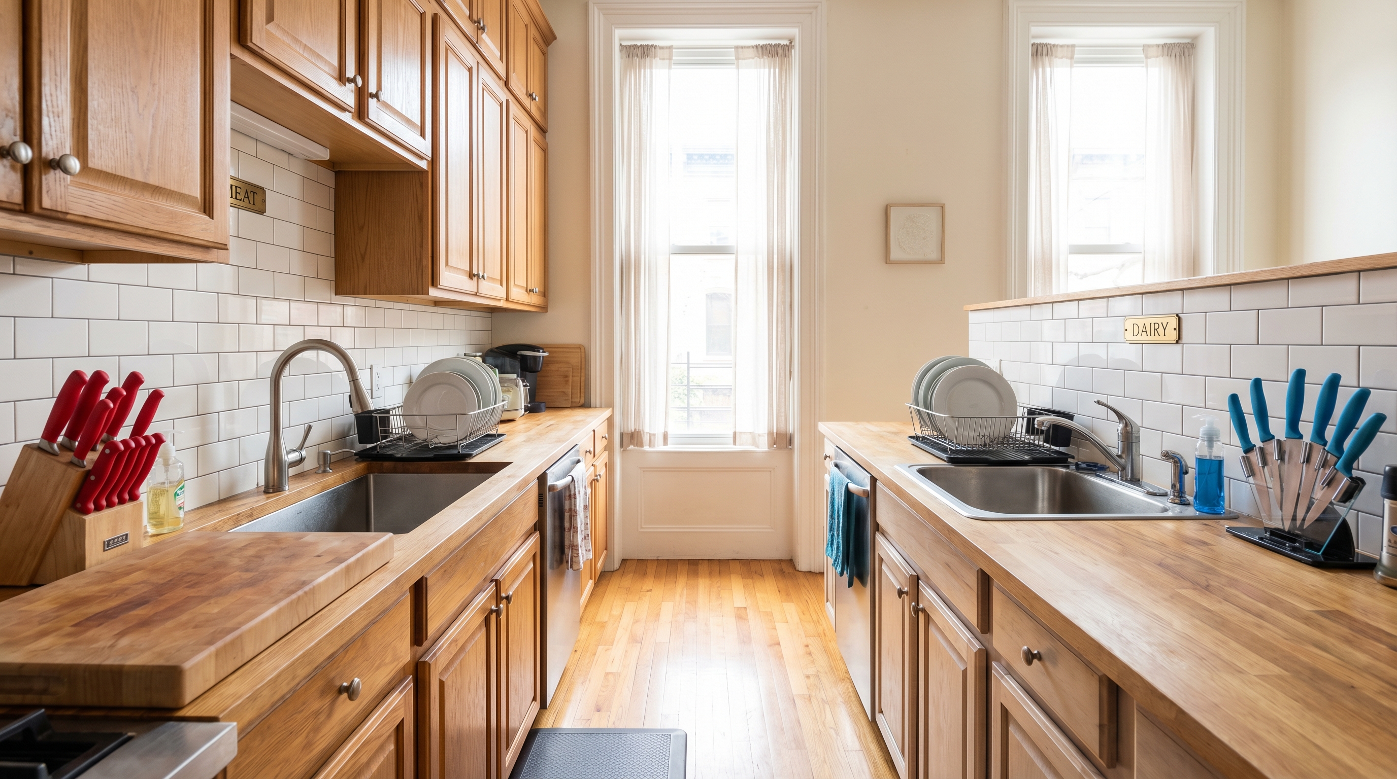 A modern Brooklyn kitchen with completely separated meat and dairy sides, distinct countertops and sinks, representing the dual-kitchen cleaning protocol required in observant Borough Park households