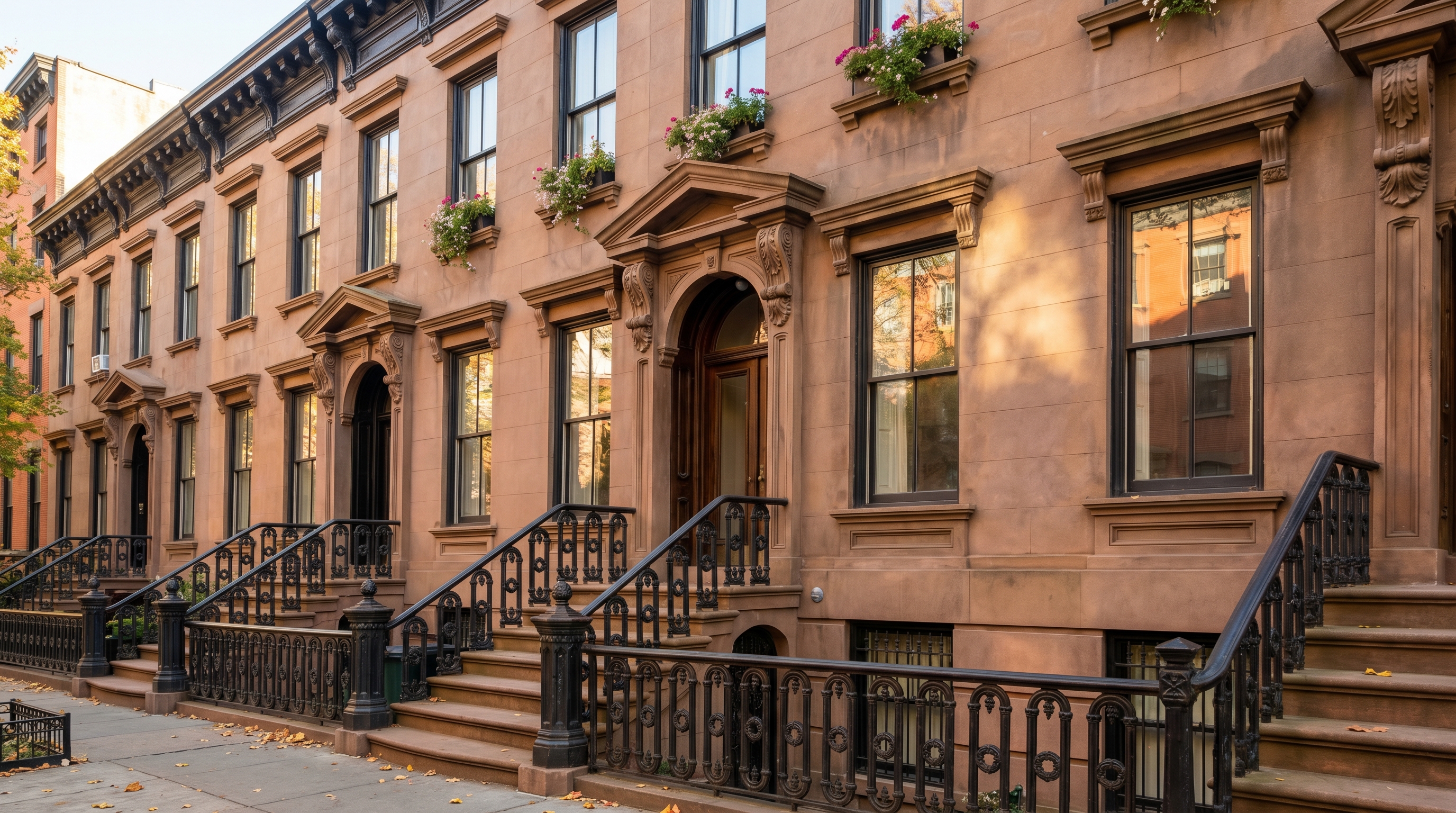 Close-up of a Brooklyn Heights brownstone rowhouse facade showing the characteristic raised stoops with ornate cast-iron railings, carved stone doorway surround with pedimented lintel, and bracketed cornice, in autumn afternoon light