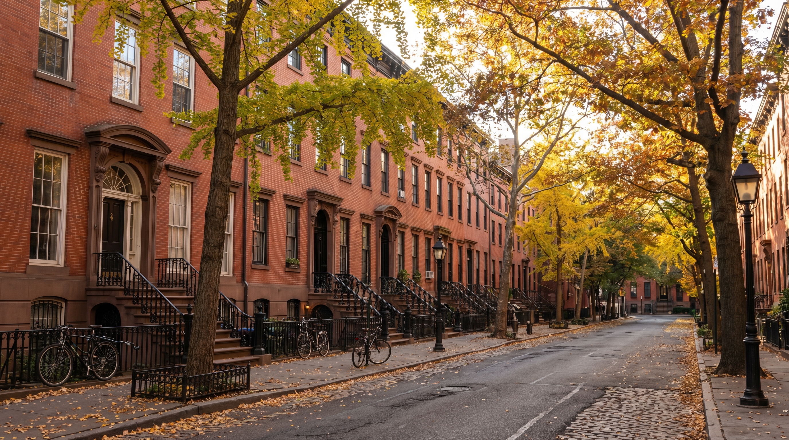 Quiet, tree-lined residential block of Federal-style and Greek Revival townhouses in Brooklyn Heights showing the characteristic raised stoops, ornamental iron railings, and arched doorways in autumn afternoon light