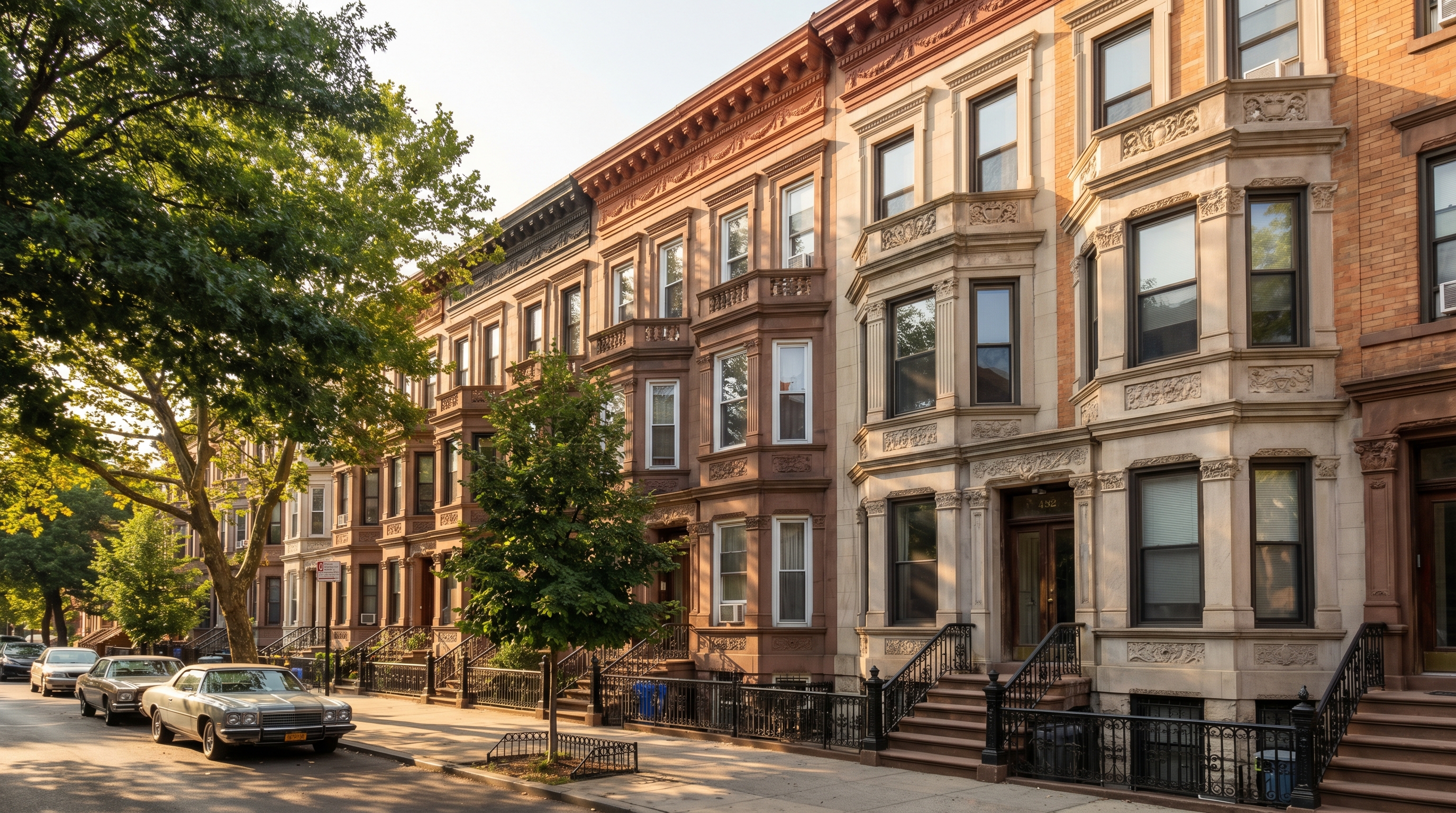 Row of late-19th century brownstone and brick rowhouses on a tree-lined Bushwick Brooklyn street showing ornate carved stone facades, bay windows, stoops with iron railings, and warm afternoon light