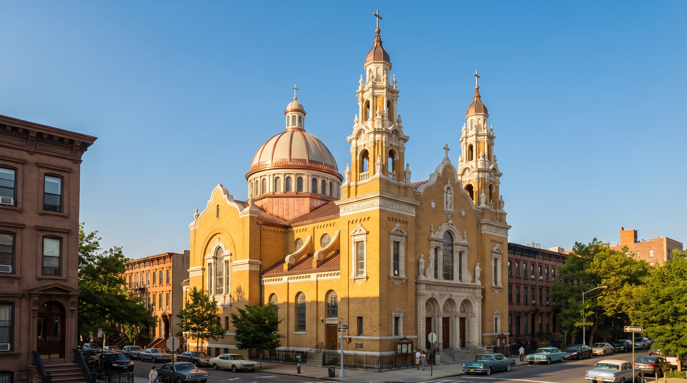 Exterior view of St. Barbara's Roman Catholic Church on Central Avenue in Bushwick Brooklyn, yellow brick with white terra cotta ornament, central dome, and tall tiered towers against a clear blue sky