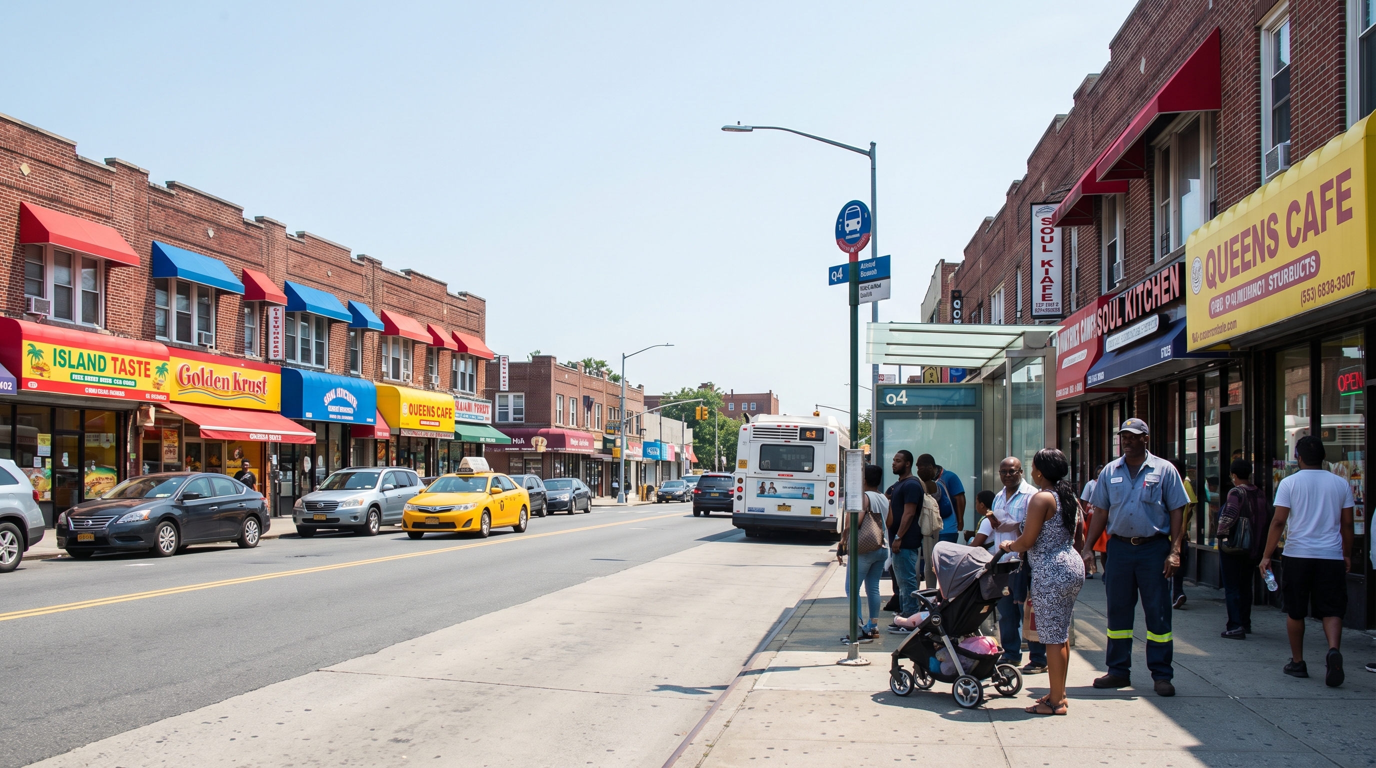 Linden Boulevard in southeastern Queens showing the commercial strip with Caribbean and soul food restaurants, colorful awnings, a Q4 bus stop, and pedestrians on a sunny summer afternoon