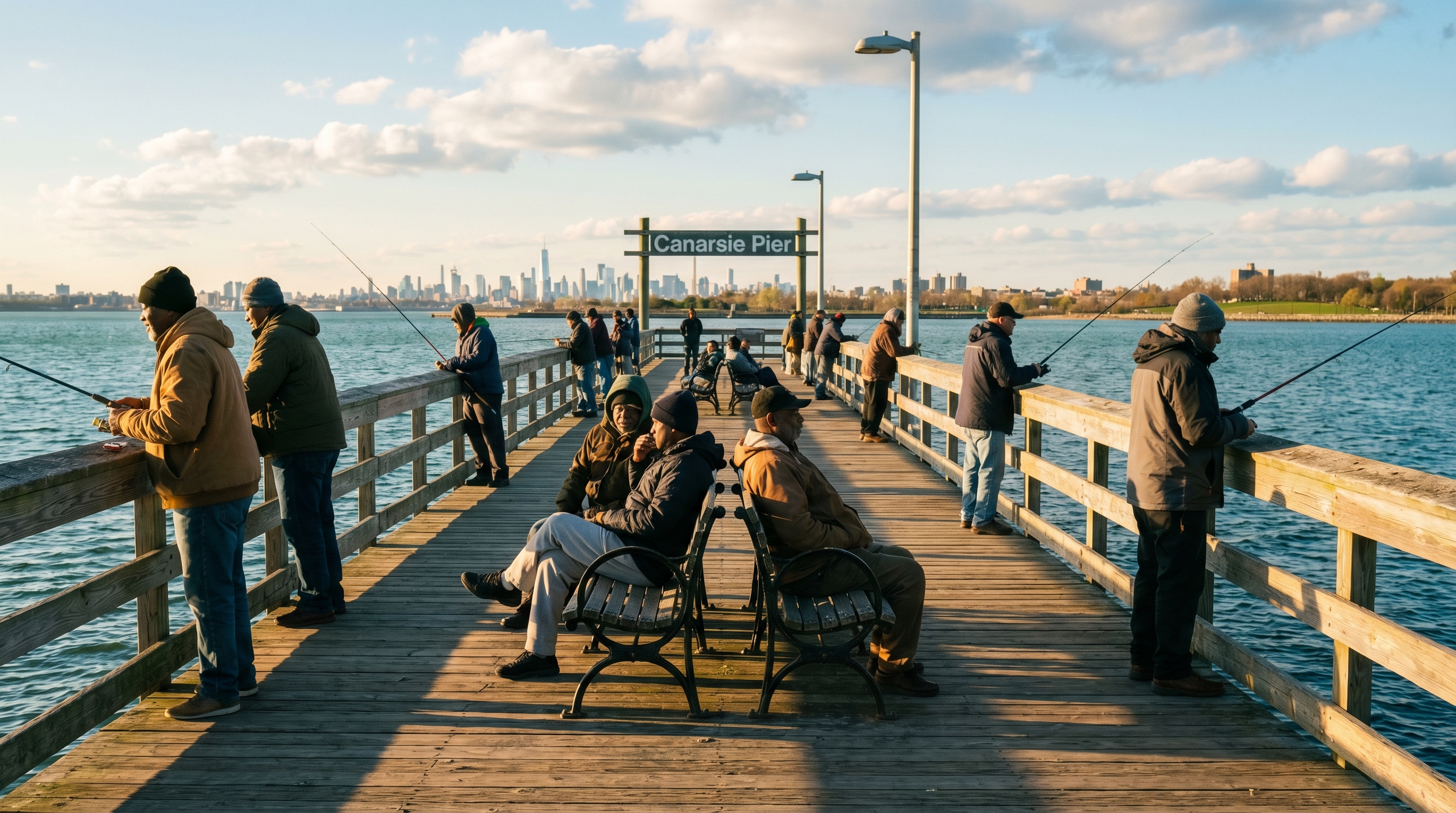 Canarsie Pier extending into Jamaica Bay with open water and the Brooklyn skyline distant in the background, people fishing from benches along the pier railing