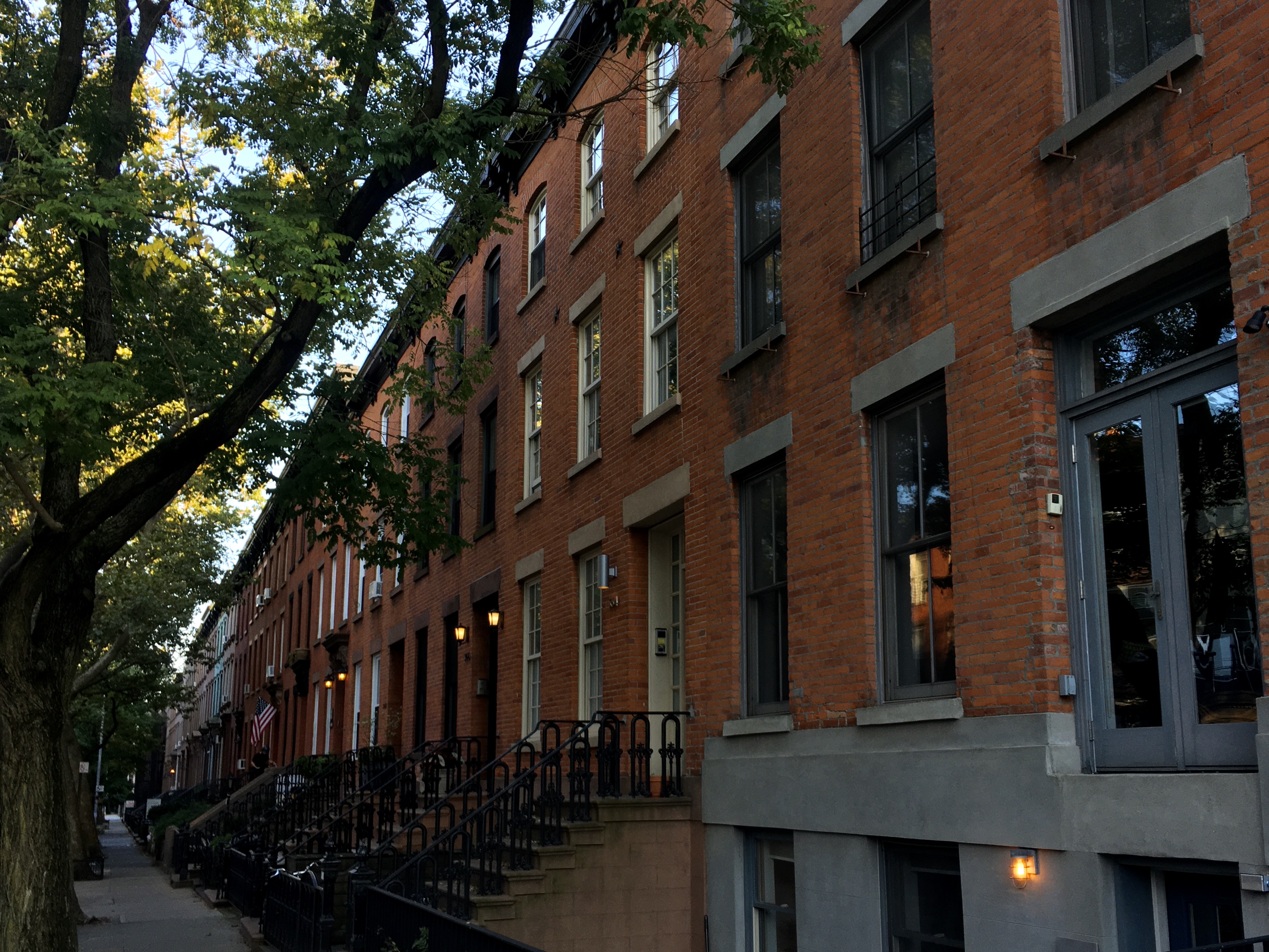 Row houses on Degraw Street in Carroll Gardens Brooklyn showing tree-lined residential block with planted front gardens and traditional brownstone facades
