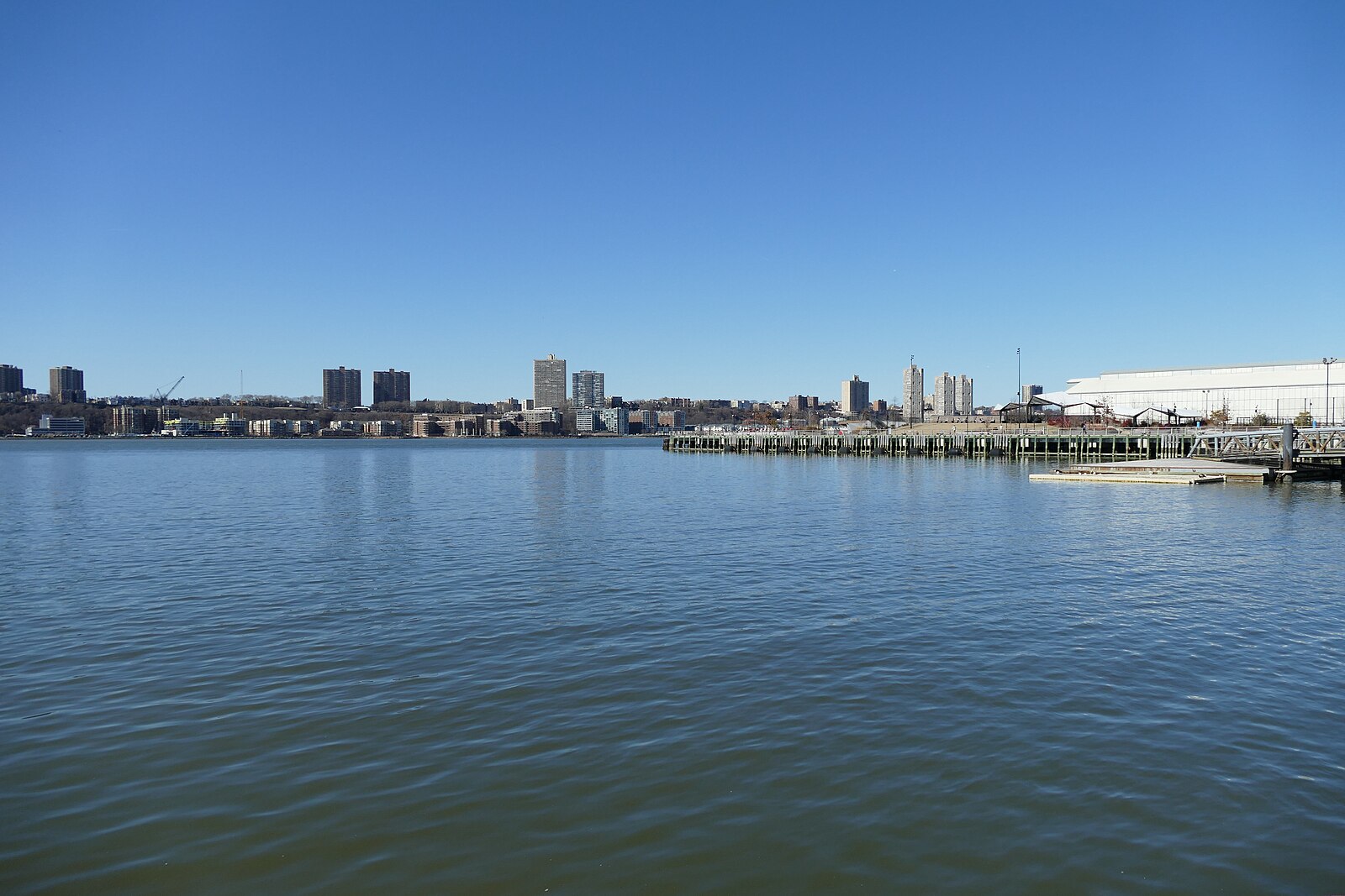 View of the Hudson River from Clinton Cove at Hudson River Park, the waterfront green space at the western edge of Clinton