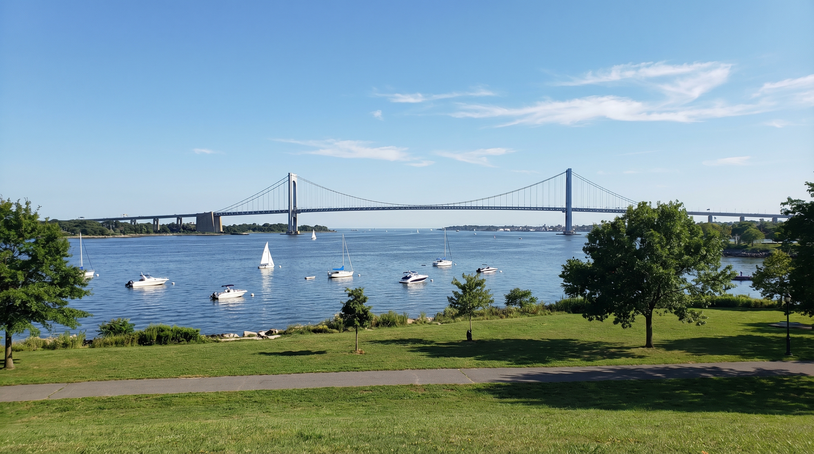 View from Hermon A. MacNeil Park in College Point Queens looking across the East River with sailboats on the water and the Whitestone Bridge suspension span visible against a clear blue sky