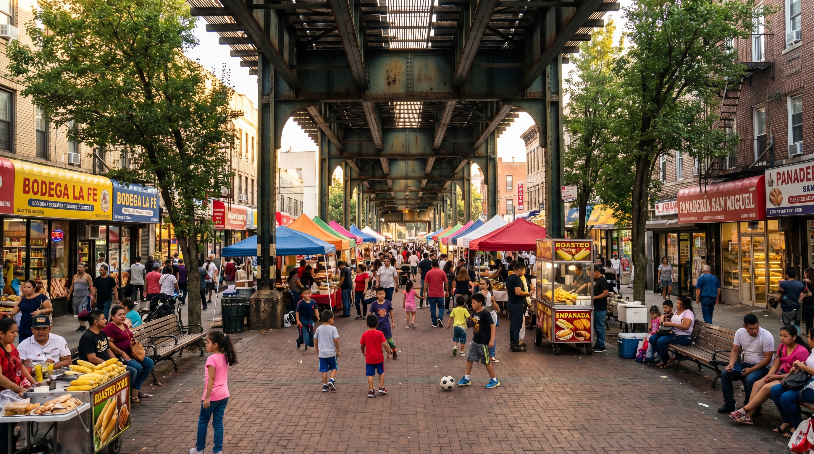A lively pedestrian plaza in Corona Queens under the elevated 7 train tracks, with food vendor carts, families, and colorful Latin American storefronts lining both sides