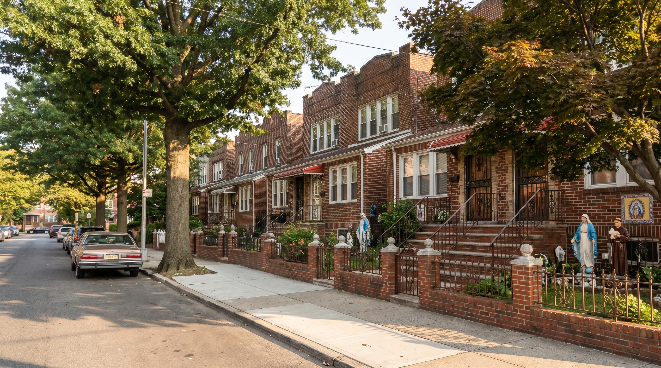 Attached two-story and three-story brick rowhouses on a Corona Queens residential block with stoops, wrought iron fences, and religious garden statues