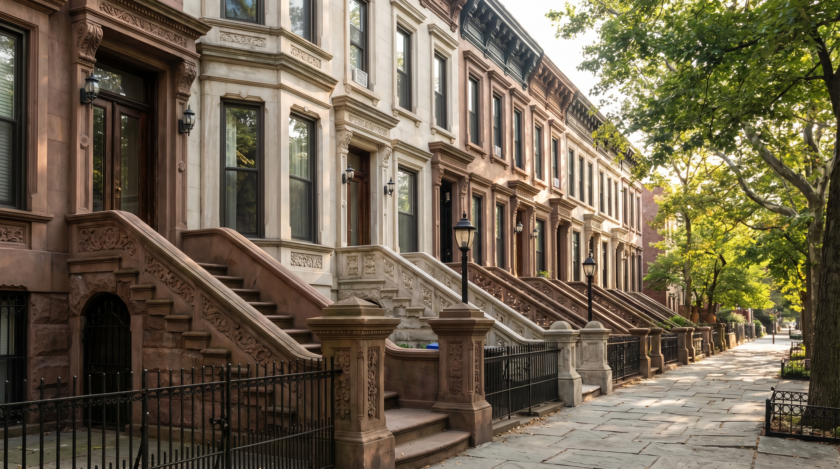 Ornate carved brownstone and limestone rowhouse stoops with decorative iron railings on a tree-lined block in Crown Heights, Brooklyn